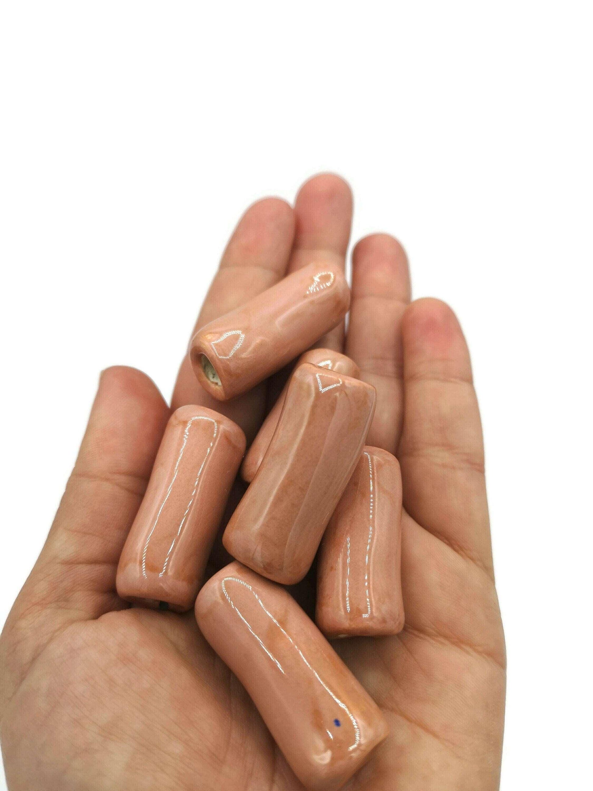 1Pc 30mm Tube Beads For Jewelry Making, Coral Pink Handmade Ceramic Macrame Beads Large Hole 5mm, Unique Long Unusual Artisan Craft Supplies