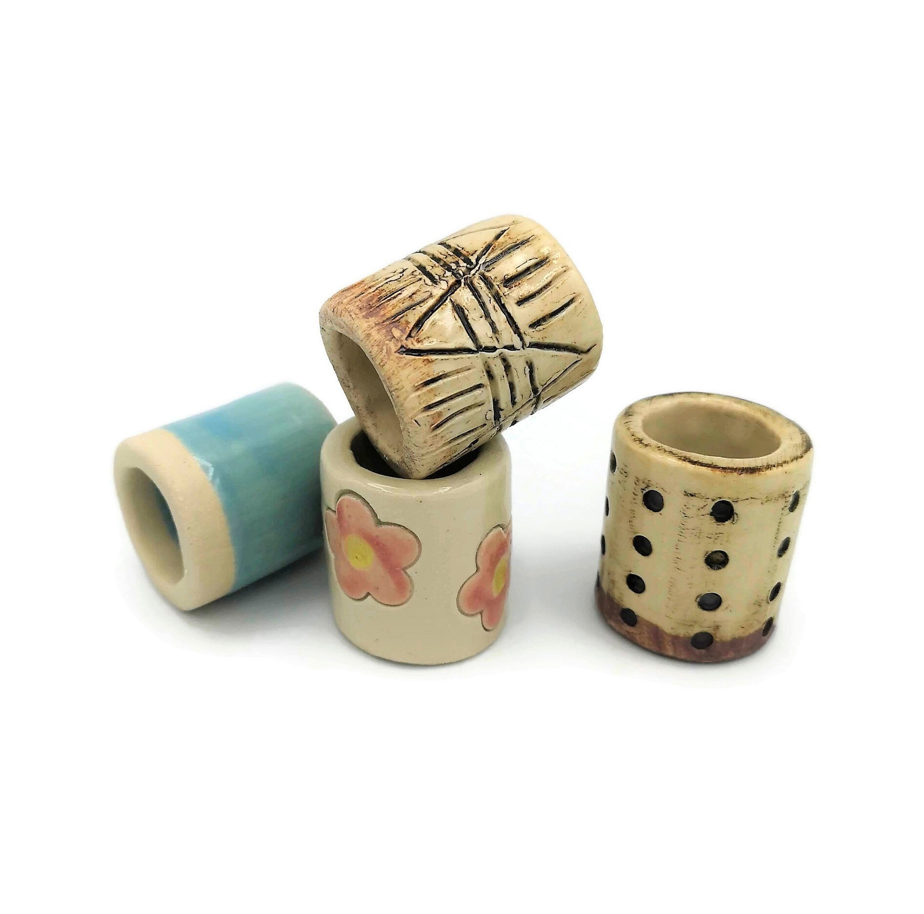 4Pc Assorted Large Tube Beads, Unique Clay Beads For Macrame, 35mm Long Ceramic Beads, Decorative Hand Painted Craft Beads With Large Hole - Ceramica Ana Rafael