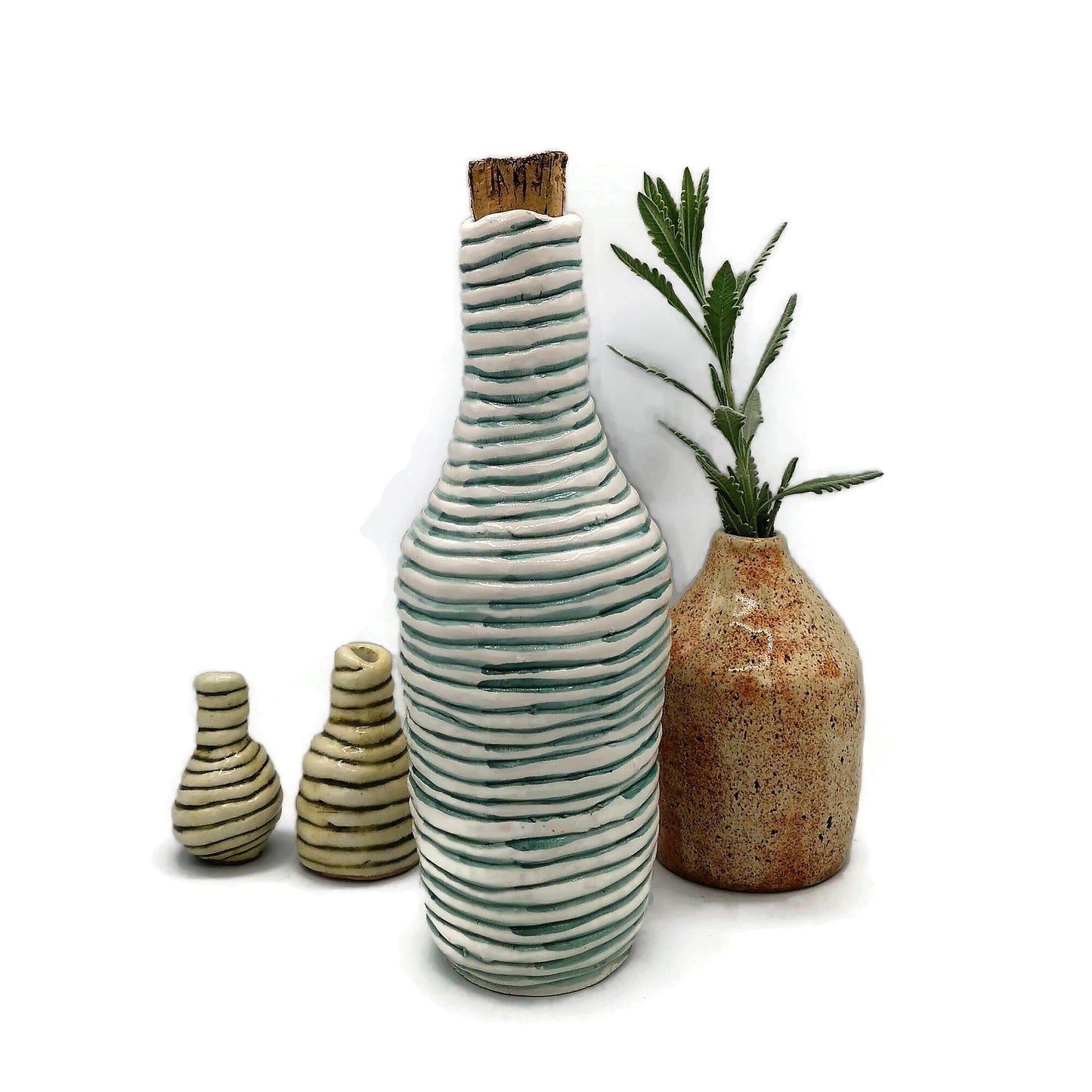 Handmade Ceramic Decorative Bottle With Natural Cork Stopper, White And Green Artisan Portuguese Pottery For Home Decor Unique Textured Vase - Ceramica Ana Rafael