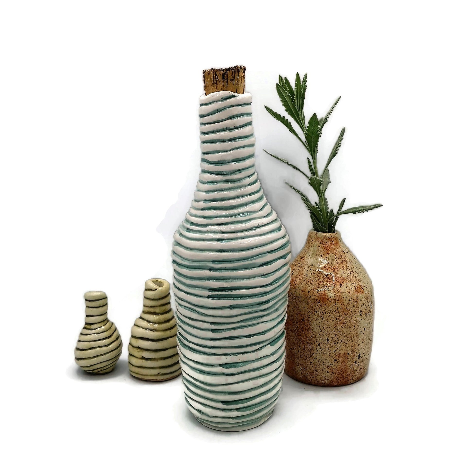 Handmade Ceramic Decorative Bottle With Natural Cork Stopper, White And Green Artisan Portuguese Pottery For Home Decor Unique Textured Vase - Ceramica Ana Rafael