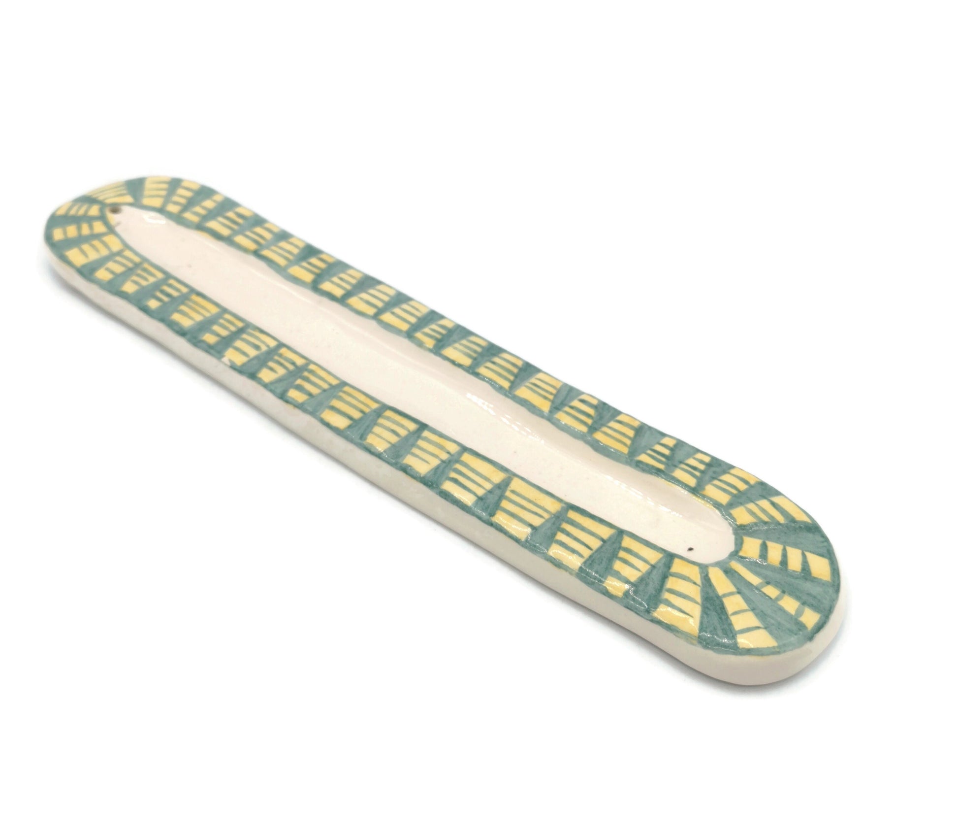 Handmade Ceramic Incense Stick Holder, Hand Pinted Green And Yellow Long Incense Tray, Artisan Portuguese Potery Gift Idea For Women - Ceramica Ana Rafael