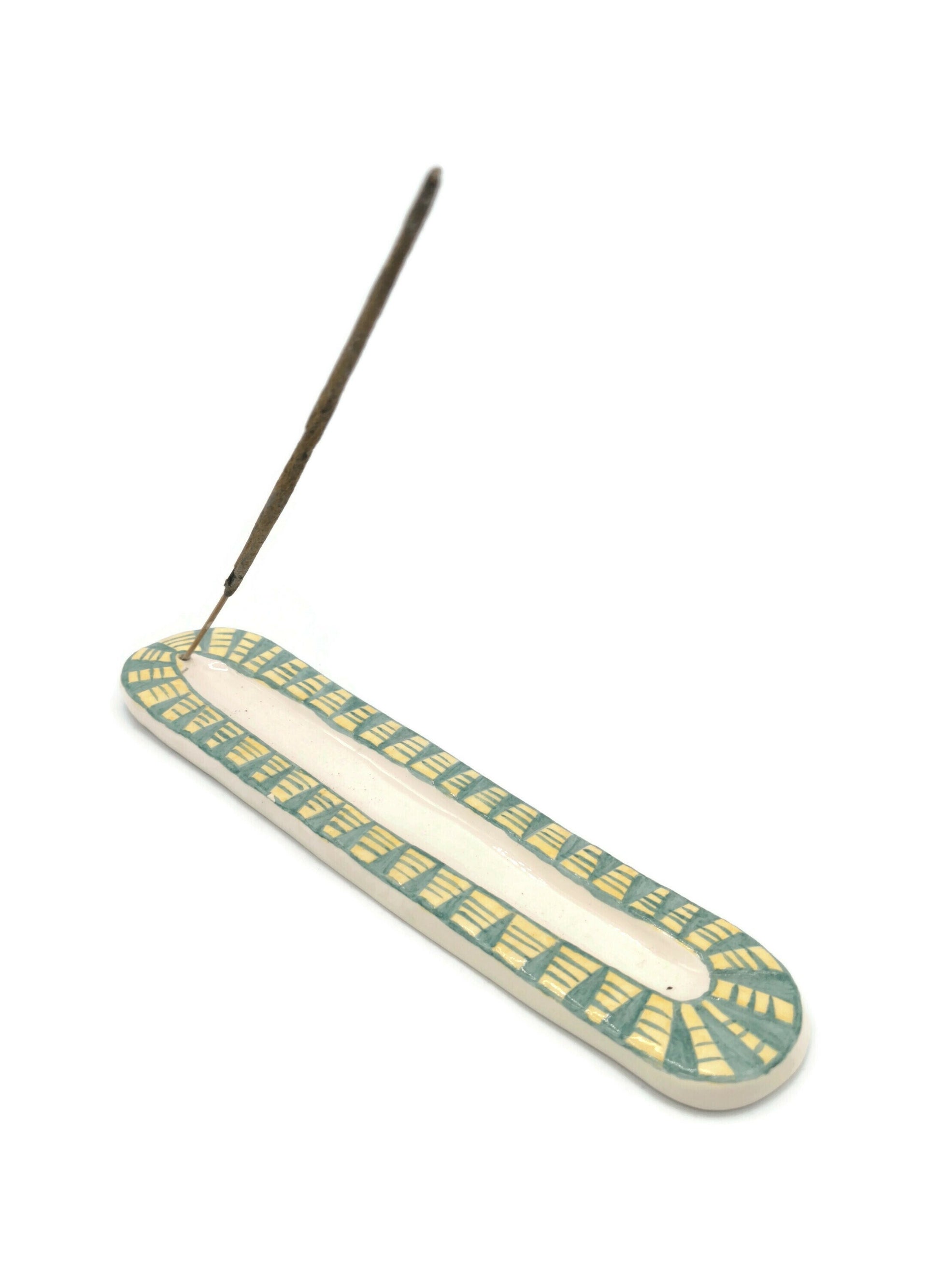 Handmade Ceramic Incense Stick Holder, Hand Pinted Green And Yellow Long Incense Tray, Artisan Portuguese Potery Gift Idea For Women - Ceramica Ana Rafael