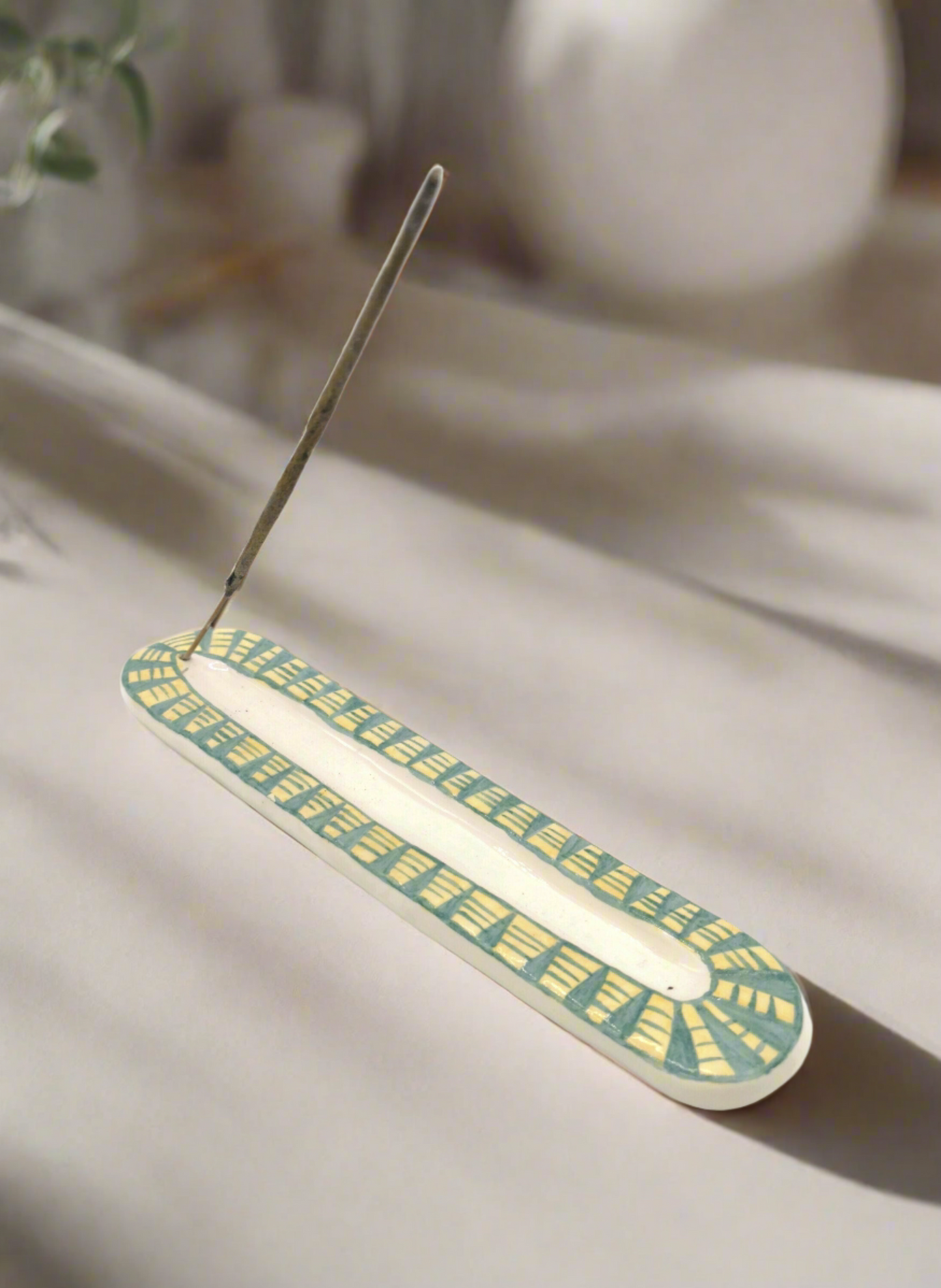 Handmade Ceramic Incense Stick Holder – Long Tray in Green & Yellow