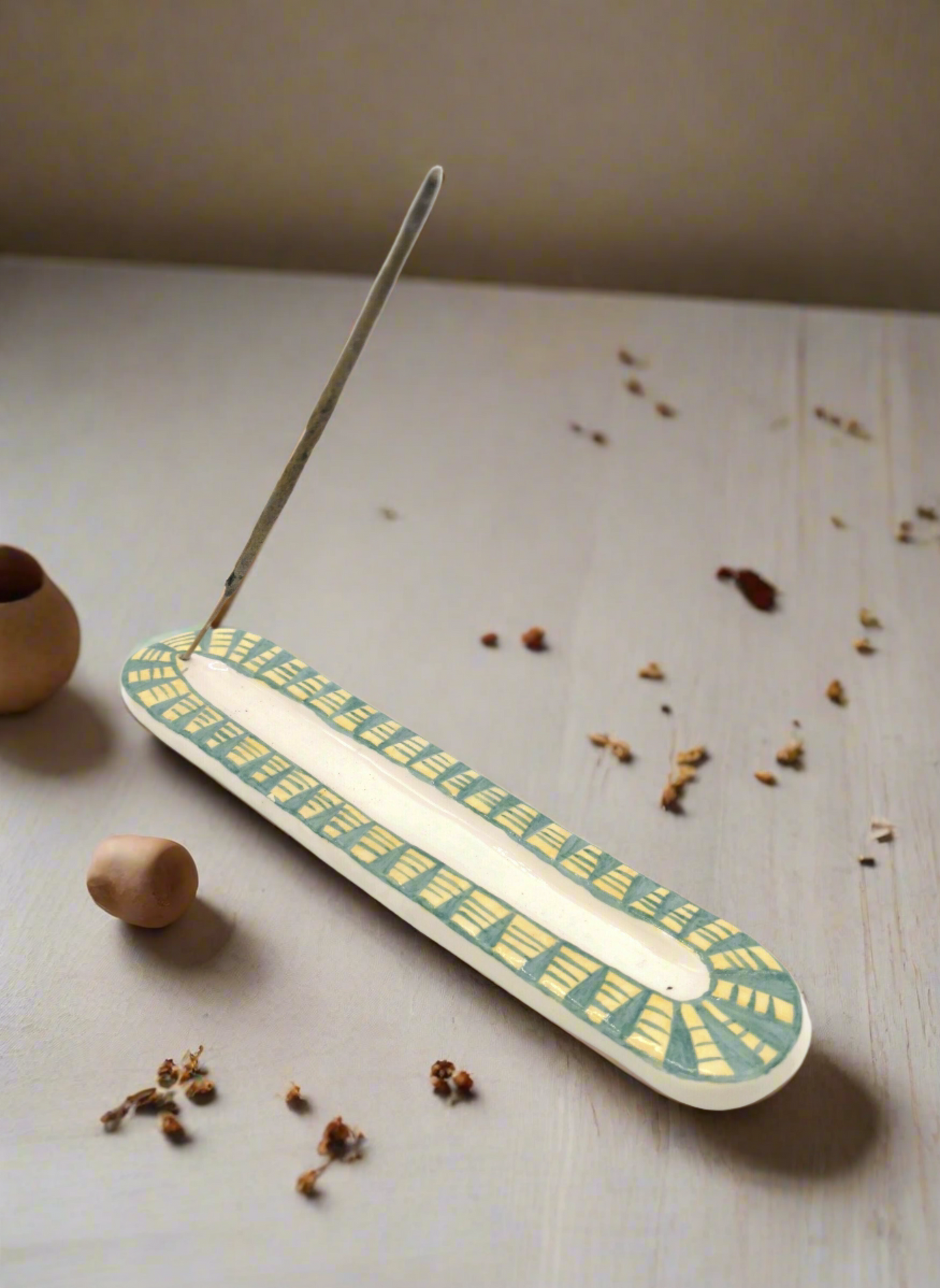 Handmade Ceramic Incense Stick Holder – Long Tray in Green & Yellow