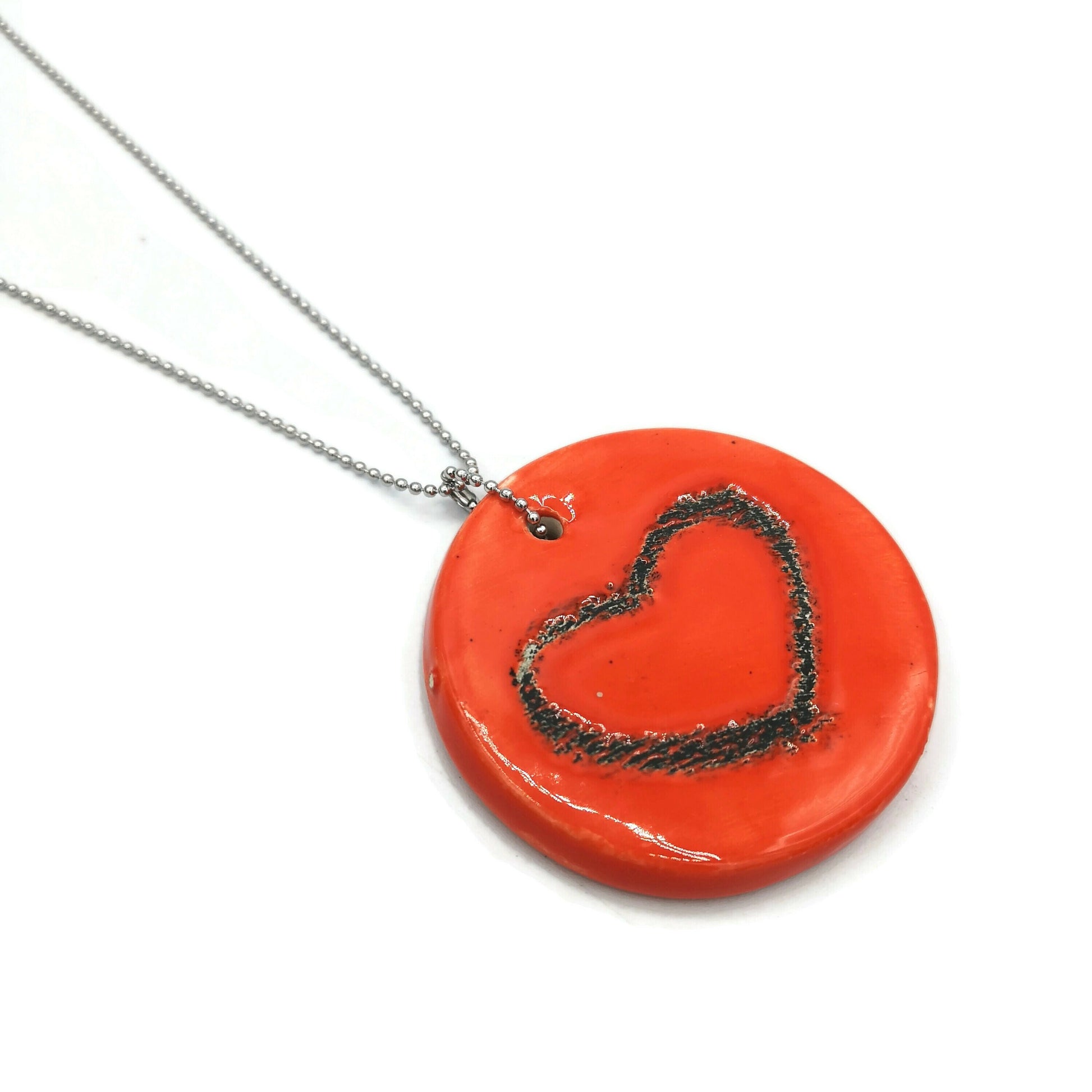 Handmade Ceramic Red Heart Necklace Pendant For Her, Cute Round Pendant, Boho Aesthetic Everyday Necklace, Mothers Day Gift Idea - Ceramica Ana Rafael