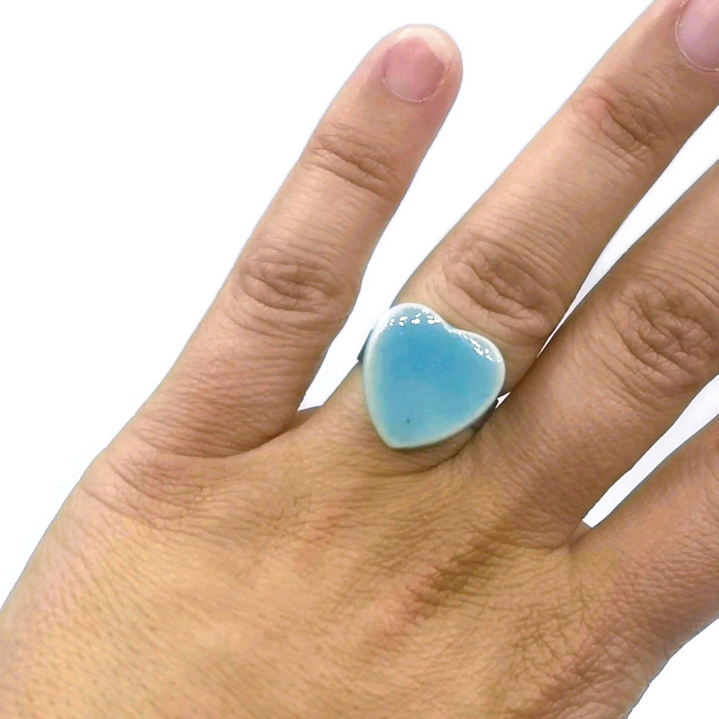 Handmade Ceramic Turquoise Blue Heart Statement Ring For Women, Stainless Steel Adjustable Ring, Porcelain 9th Anniversary Gifts For Her - Ceramica Ana Rafael