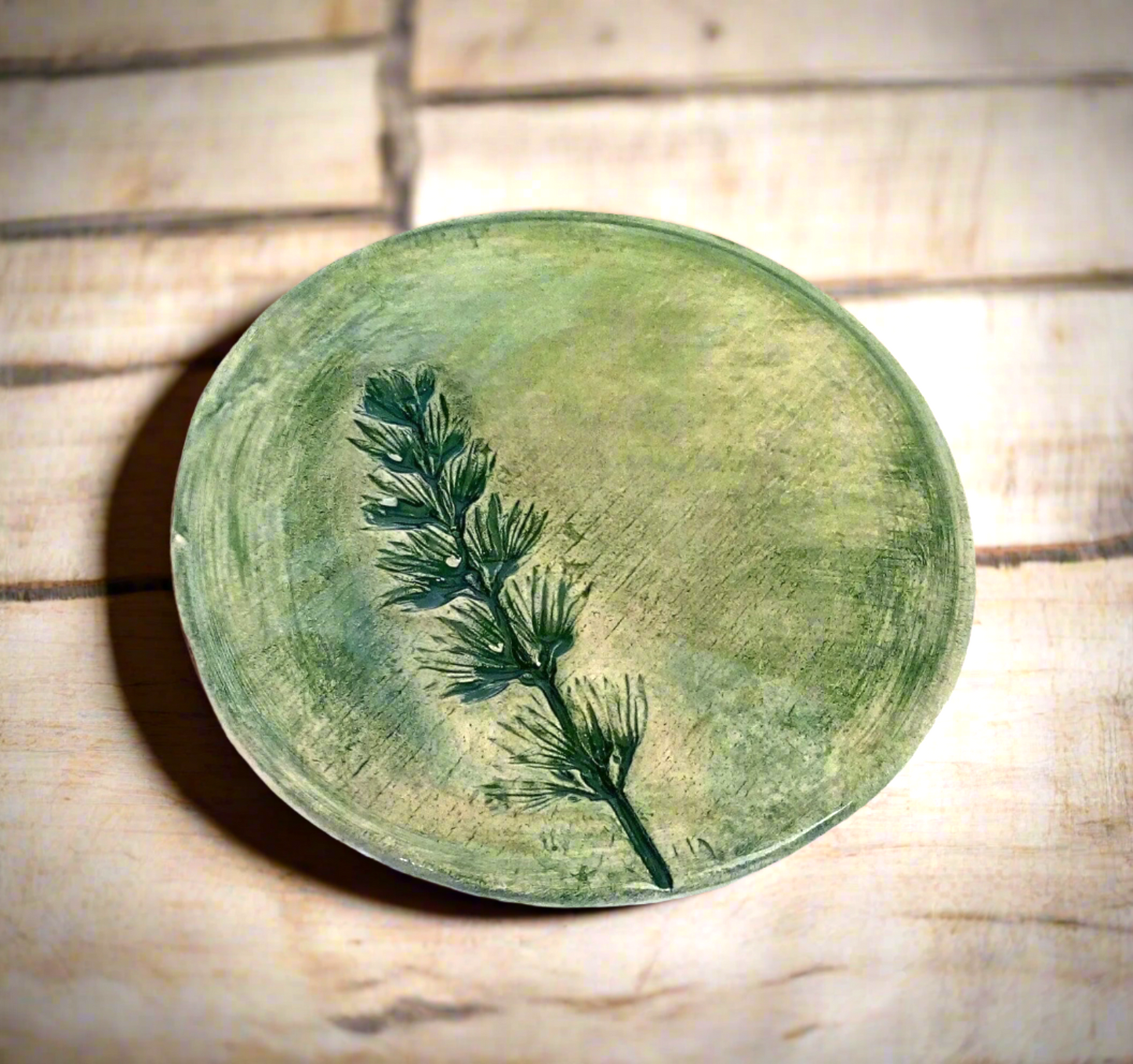 Handmade Green Ceramic Coasters – Round Botanical Drink Coasters, Office Desk Accessories, Mom Birthday Gift