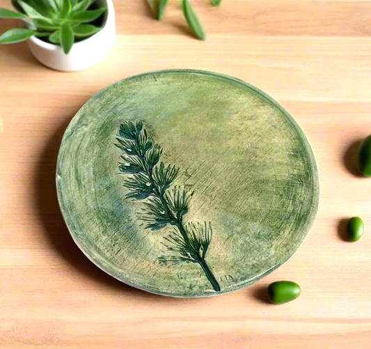 Handmade Green Ceramic Coasters – Round Botanical Drink Coasters, Office Desk Accessories, Mom Birthday Gift