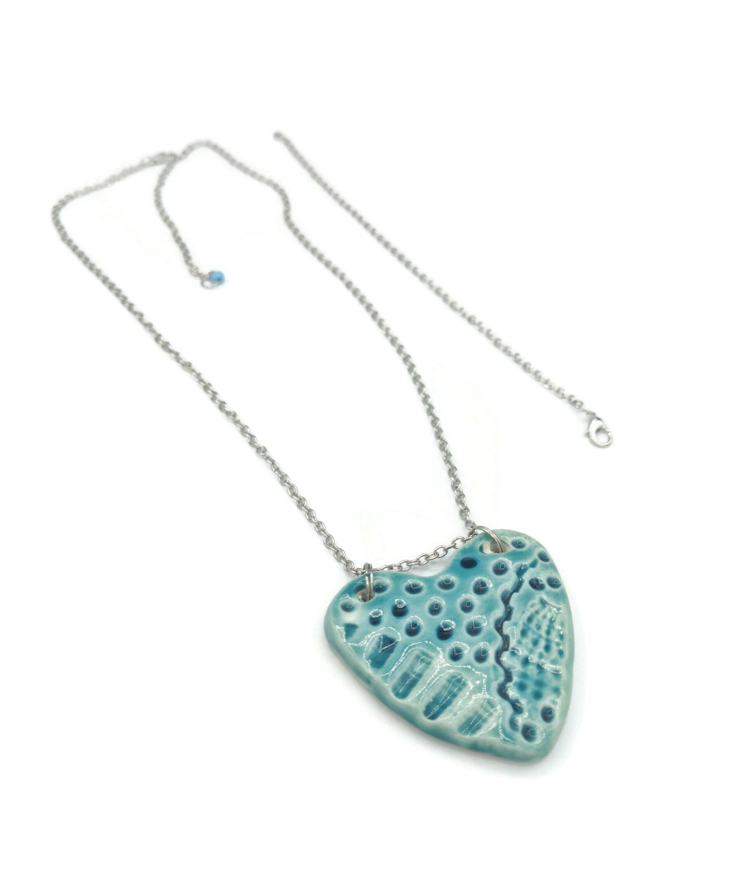 Handmade Ceramic Blue Heart Necklace Pendant For Women, Best Valentines Day Gift For Her, Boho Artisan Statement Jewelry For Wedding - Ceramica Ana Rafael