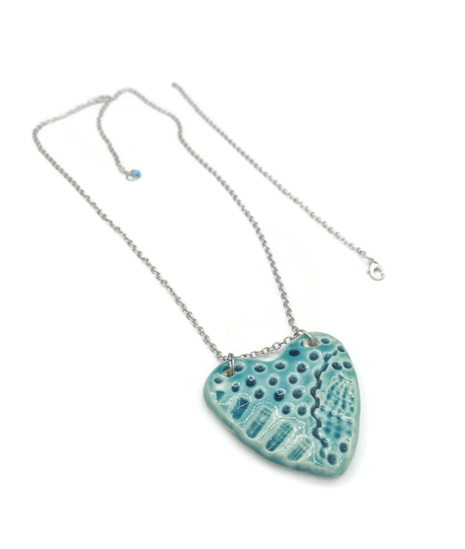 Handmade Ceramic Blue Heart Necklace Pendant For Women, Best Valentines Day Gift For Her, Boho Artisan Statement Jewelry For Wedding - Ceramica Ana Rafael