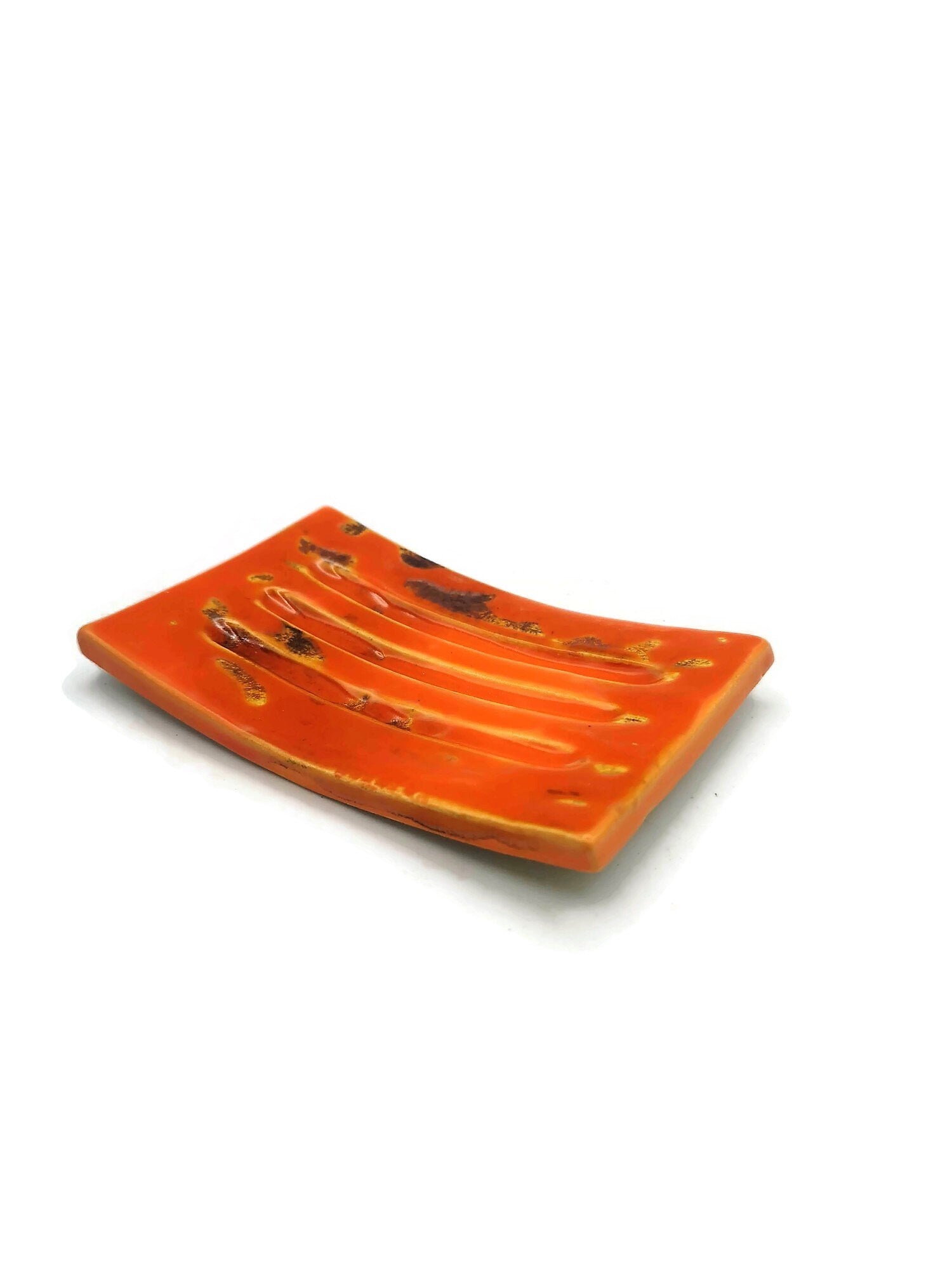 Handmade Ceramic Soap Dish Tray, Rectangle Drain Soap Saver, Artisan Sustainable Soap Bar Holder Orange w/ Copper Tones Bathroom Accessories - Ceramica Ana Rafael