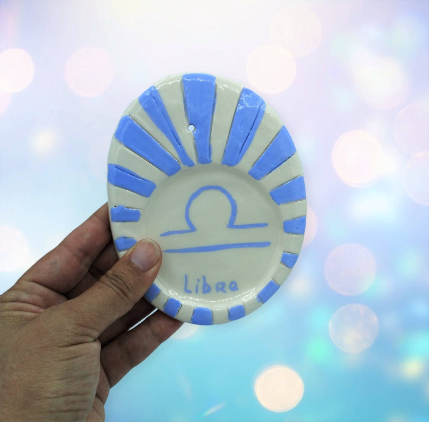 Handmade Ceramic Incense Stick Holder With Zodiac Sign, Hand Painted Blue And White Libra Incense Cone Burner, 9th Anniversary Gift Idea - Ceramica Ana Rafael