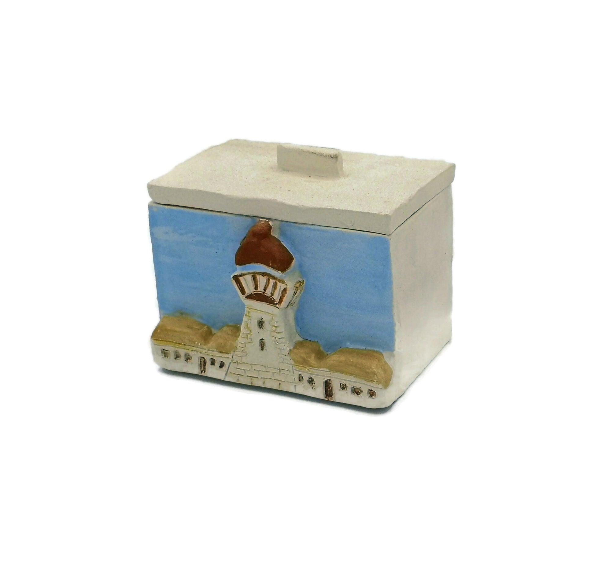 Handmade Ceramic Jewelry Box With Lid, Lighthouse Gift For Dad, Unique Small Trinket Box - Ceramica Ana Rafael
