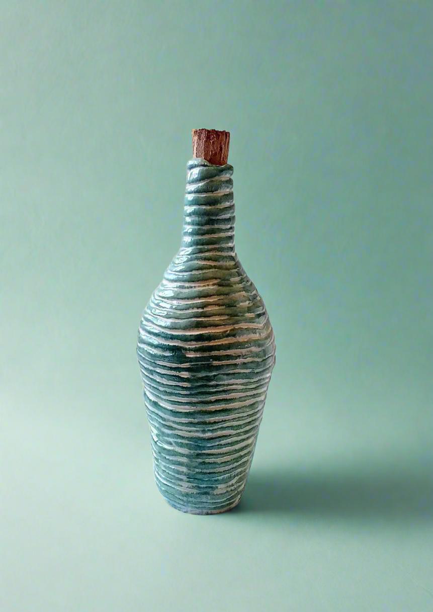 Ceramic bottle with textured design and cork stopper on a light green background