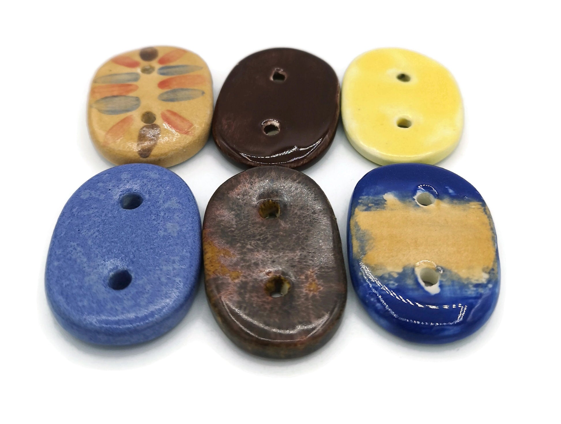 6Pc 35mm Extra Large Handmade Ceramic Sewing Buttons, Colorful Novelty Buttons, Hand Painted Oval Artisan Sewing Supplies And Notions - Ceramica Ana Rafael