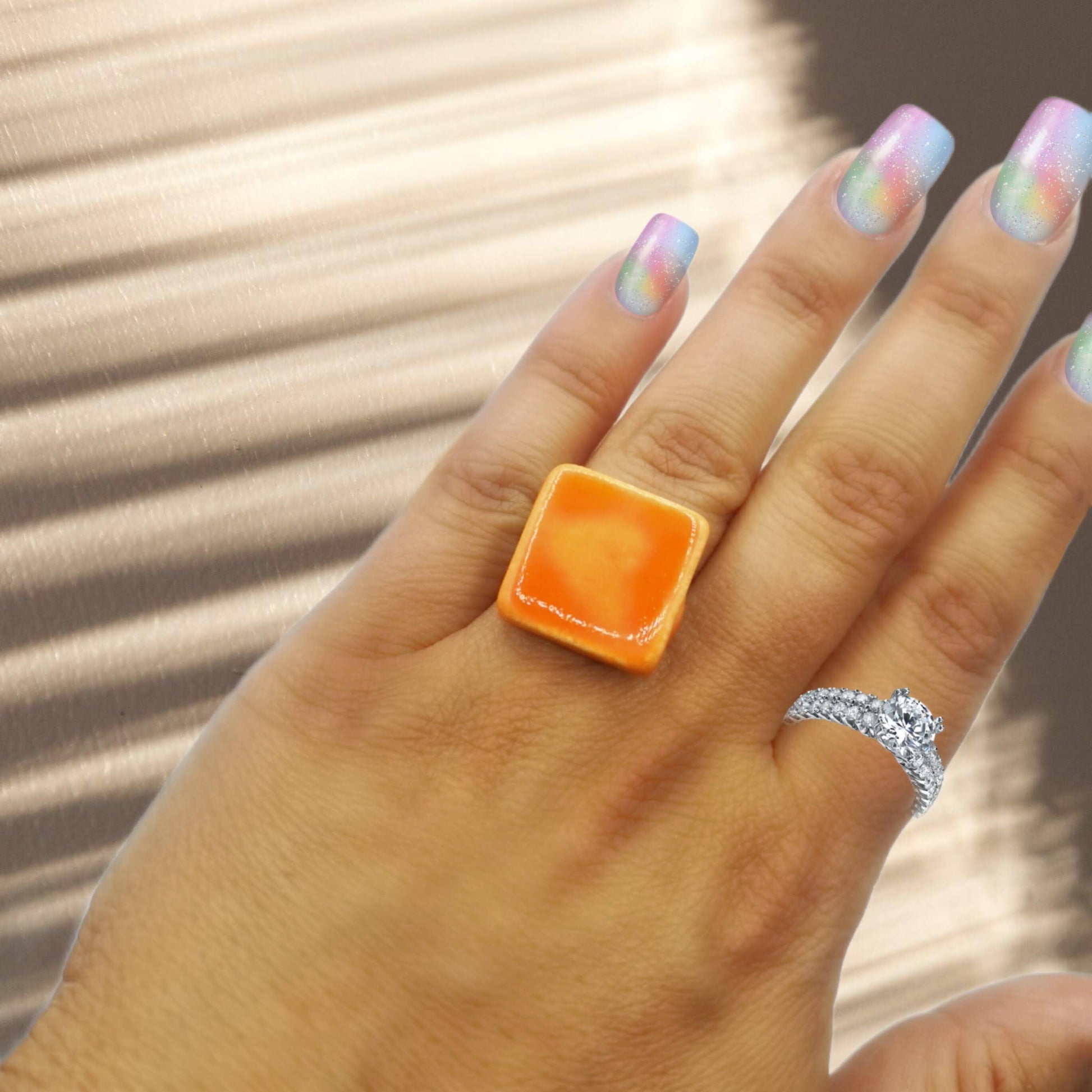 Handmade Ceramic Geometric Ring For Women, Stainless Steel Adjustable Ring, Porcelain Best 9th Anniversary Gifts For Her, Unique Chunky Ring - Ceramica Ana Rafael