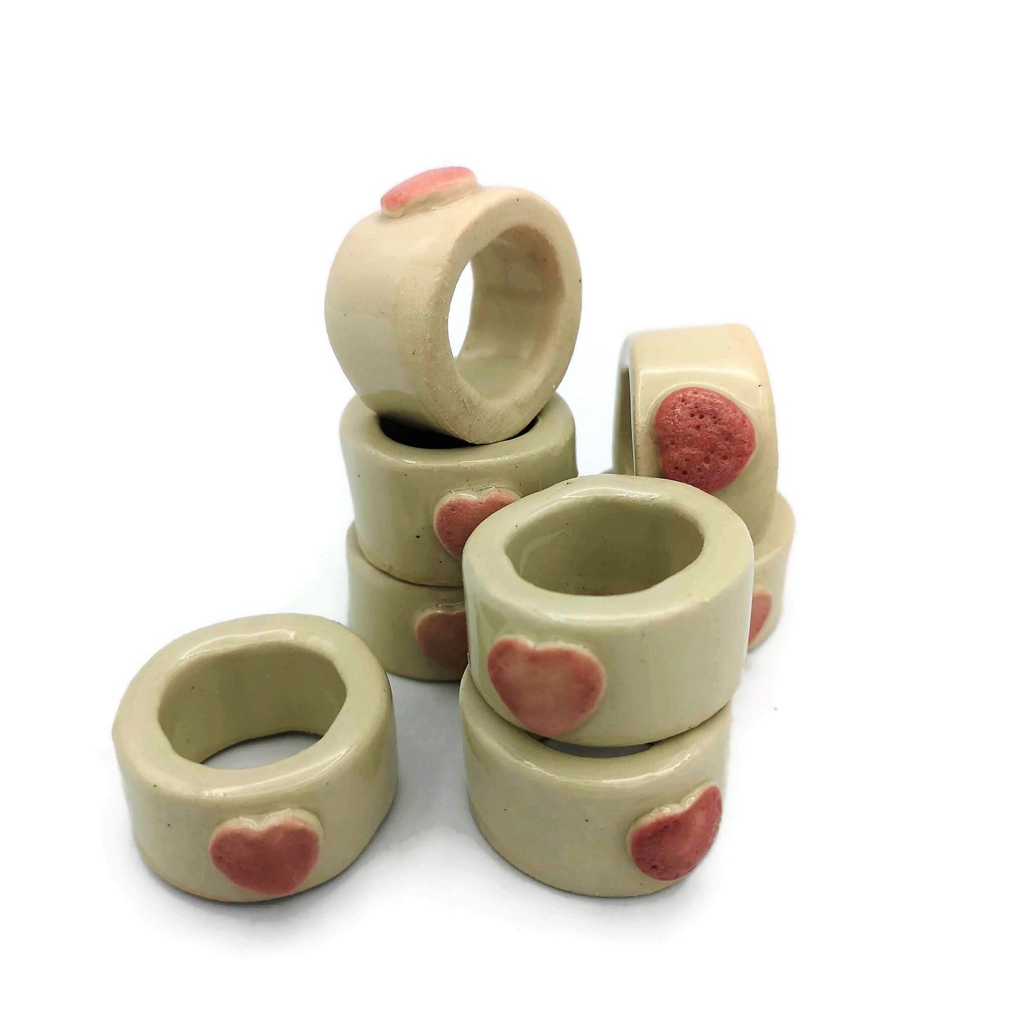 8Pc Extra Large Tube Beads, Handmade Ceramic Macrame Beads With Decorative Heart, Large Hole Beads, Napknig Rings - Ceramica Ana Rafael