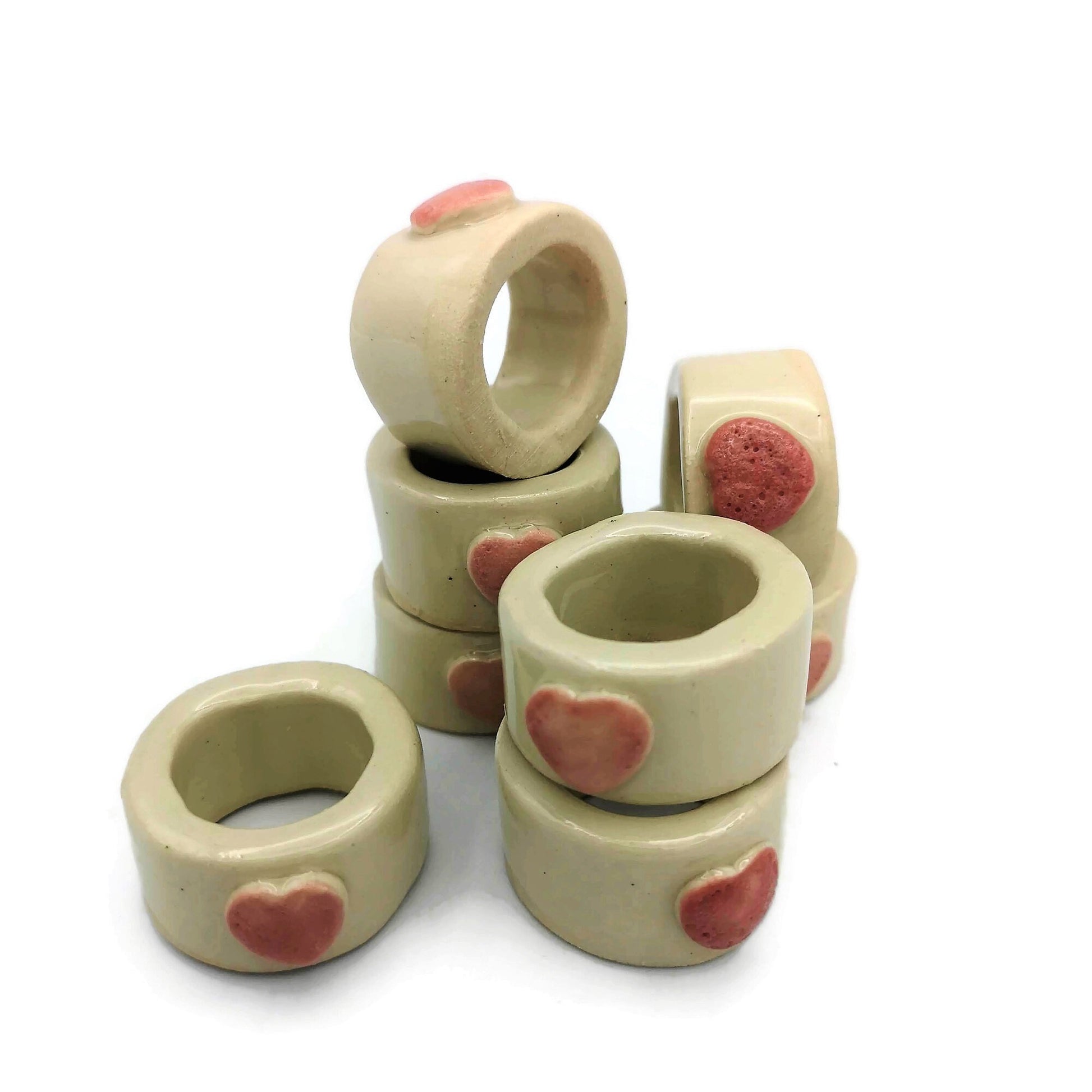 8Pc Extra Large Tube Beads, Handmade Ceramic Macrame Beads With Decorative Heart, Large Hole Beads, Napknig Rings - Ceramica Ana Rafael