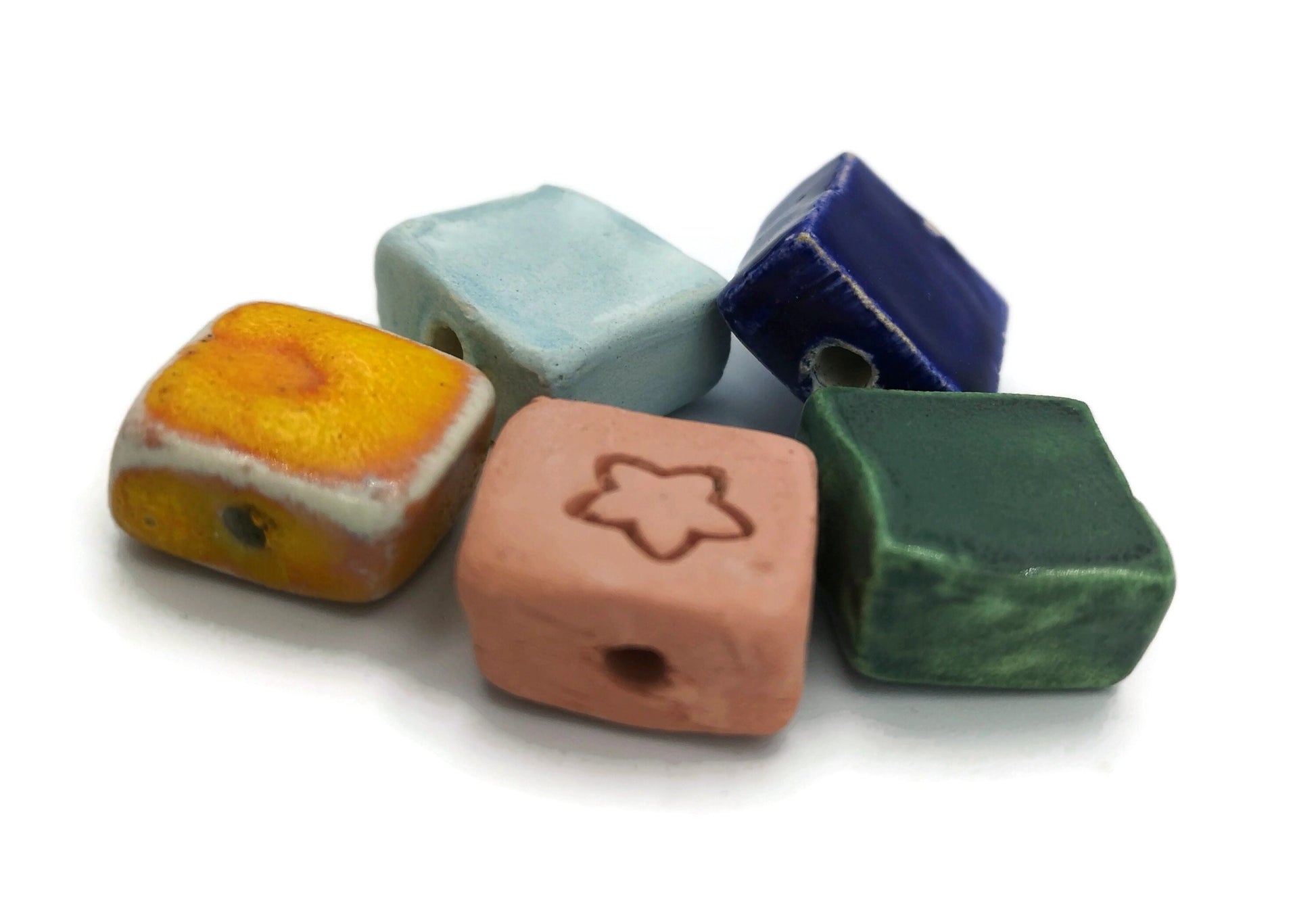 Handmade Ceramic Beads For Jewelry Making, Set Of 5 Assorted Clay Beads, Pendant Necklace Best Sellers, Unique Square beads, Large Porcelain - Ceramica Ana Rafael