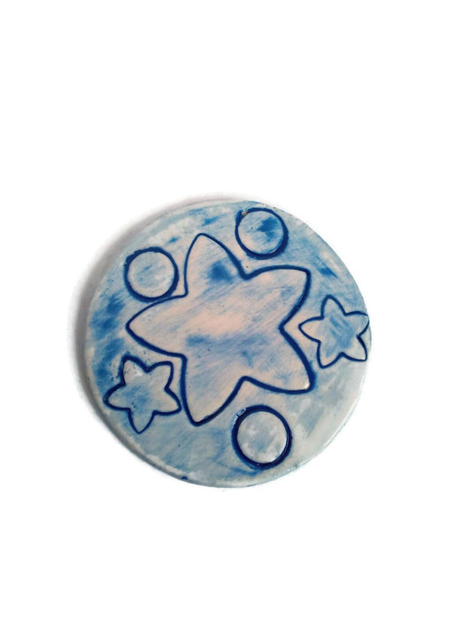 3Pc Blue Handmade Ceramic Coaster Tiles With Stars Design For Office Desk, Modern Celestial Style Coasters With Cork Back - Ceramica Ana Rafael