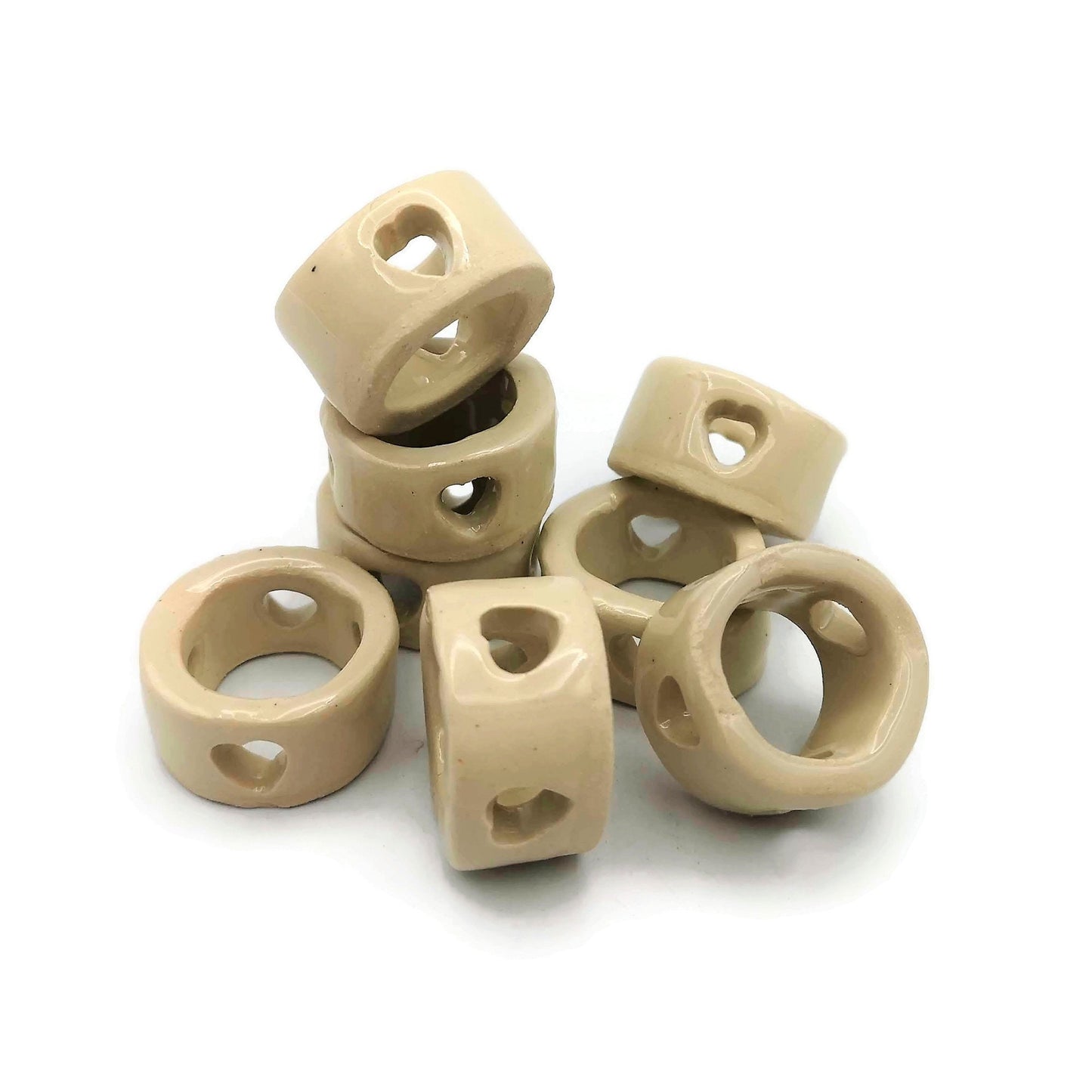 8Pc Extra Large Tube Beads, Handmade Ceramic Macrame Beads With Decorative Heart Shaped Holes - Ceramica Ana Rafael