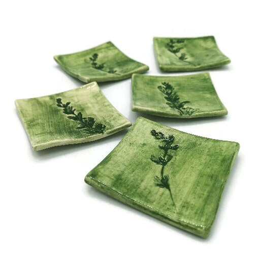 1Pc Clay Ring Dish, Plant Lovers Birthday Gifts, square ceramic trinket dish, 9th-anniversary gift, Sage Flower or Rosemary Leaves Design - Ceramica Ana Rafael