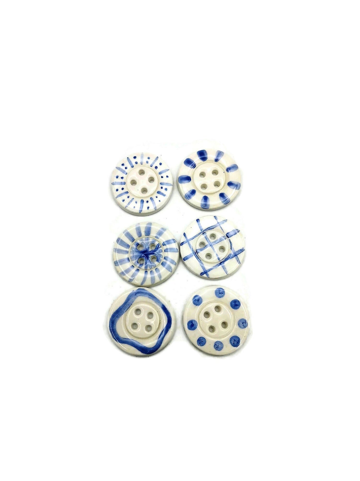 6Pc Large Handmade Ceramic Buttons For Sewing, Hand Painted Antique Look White And Blue Buttons, Best Sellers Sewing Supplies And Notions - Ceramica Ana Rafael