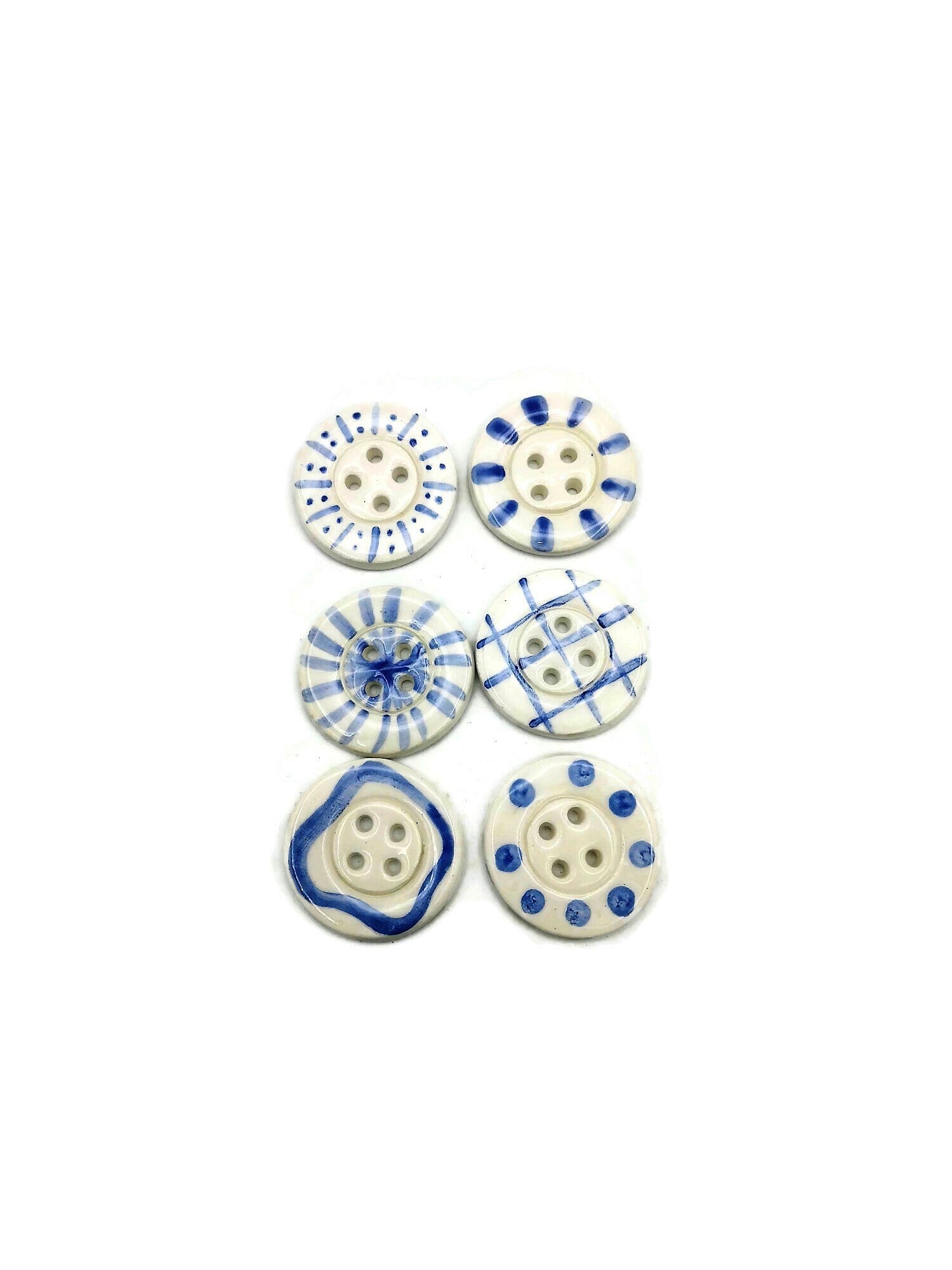6Pc Large Handmade Ceramic Buttons For Sewing, Hand Painted Antique Look White And Blue Buttons, Best Sellers Sewing Supplies And Notions - Ceramica Ana Rafael