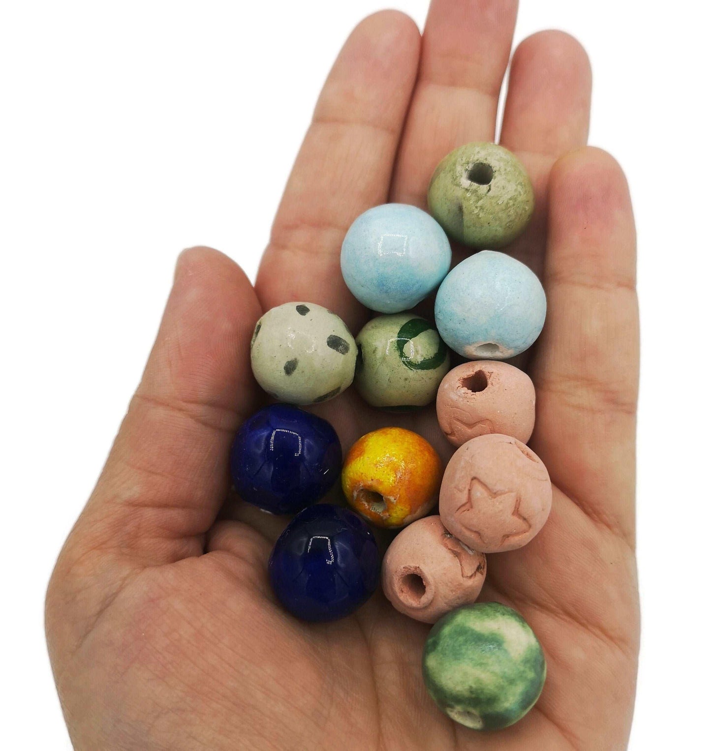 12Pc Handmade Ceramic Beads For Jewelry making, Round Mixed Clay Beads For Crafts,Decorative Macrame Beads Large Hole 2mm, Assorted Beads