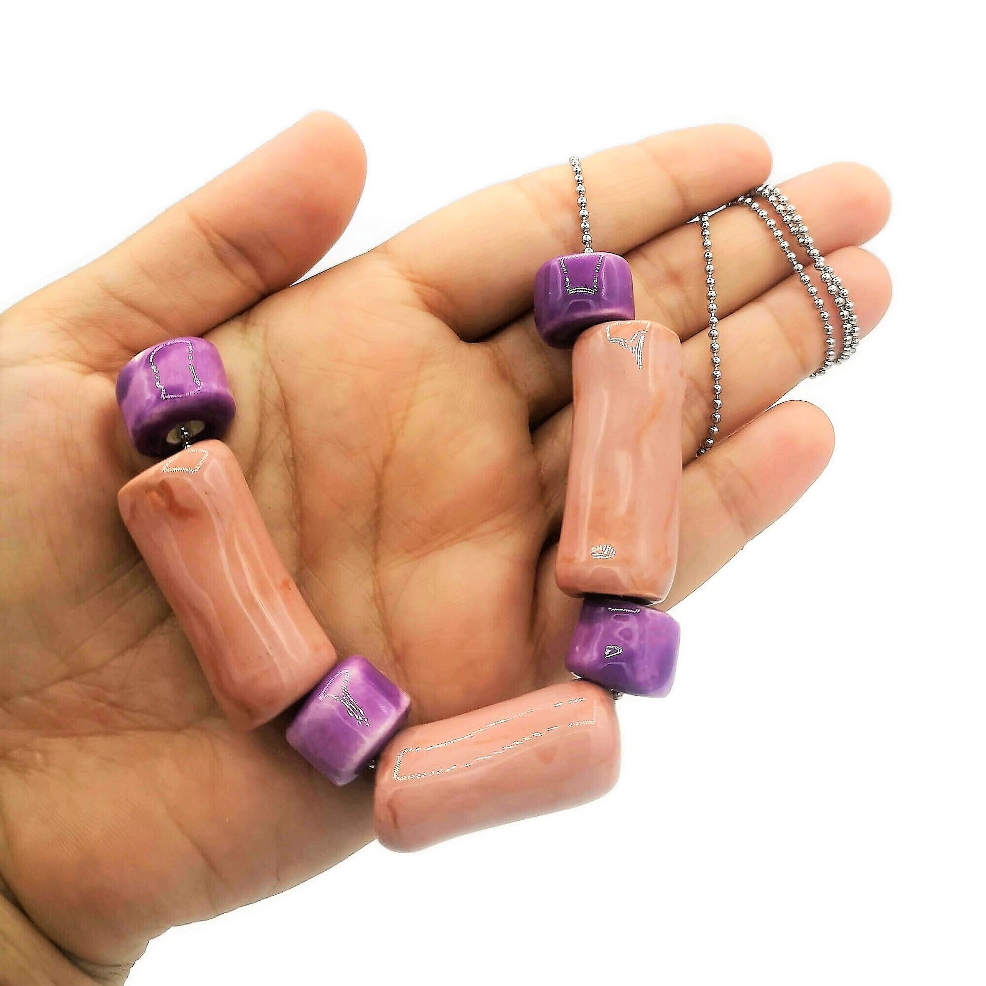 Pink Handmade Jewelry Necklace Beaded Chunky Necklace For Women, Summer Jewelry Statement Aesthetic Necklace With Gift Box - Ceramica Ana Rafael