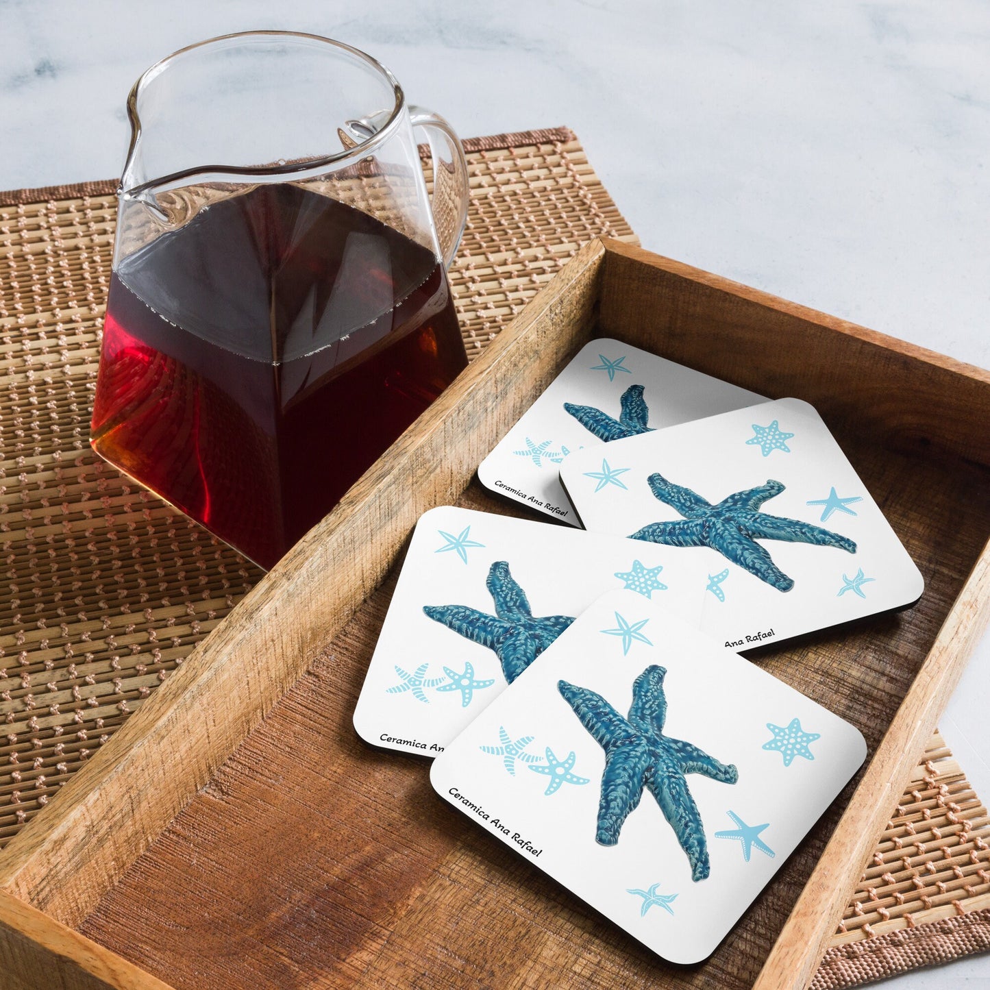 1Pc Blue Starfish MDF Cork-back Coaster With Printed Handmade Ceramic Starfish, Square With Rounded Corners, Office Desk Accessories For Him