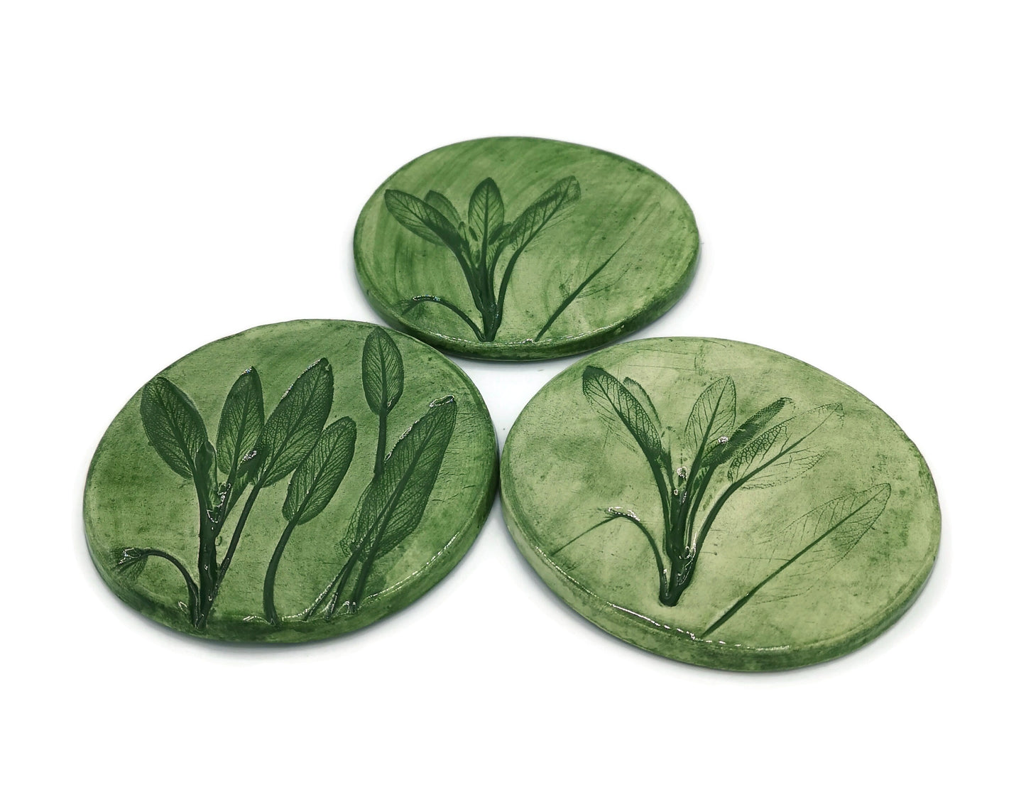 3Pcs Round Botanical Handmade Ceramic Coasters Set, Green Modern Coffee Coaster For Office Desk Accessories, Housewarming Gift For Men - Ceramica Ana Rafael