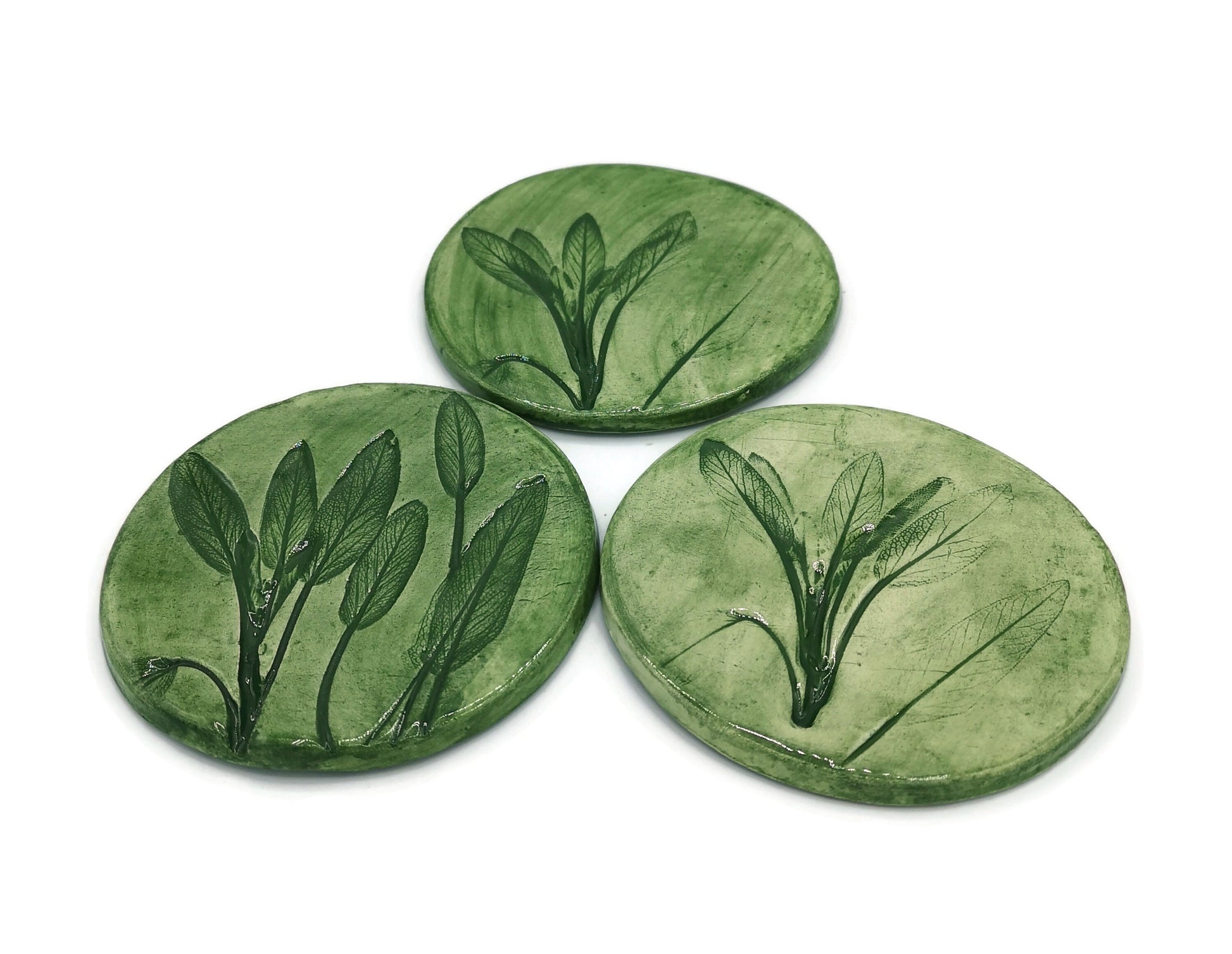 3Pcs Round Botanical Handmade Ceramic Coasters Set, Green Modern Coffee Coaster For Office Desk Accessories, Housewarming Gift For Men - Ceramica Ana Rafael