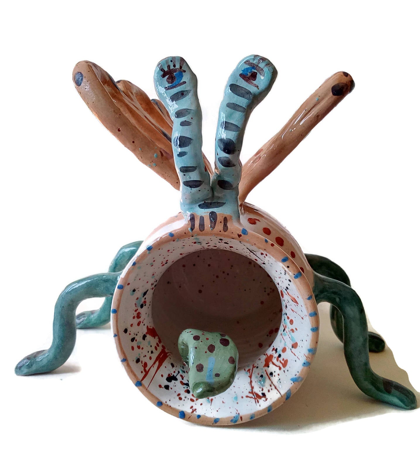 Handmade Ceramic Sculpture Weird Creature, Colorful Hand Painted Abstract Animal Figure, Clay Office Desk Accessories Best Gifts For Him - Ceramica Ana Rafael