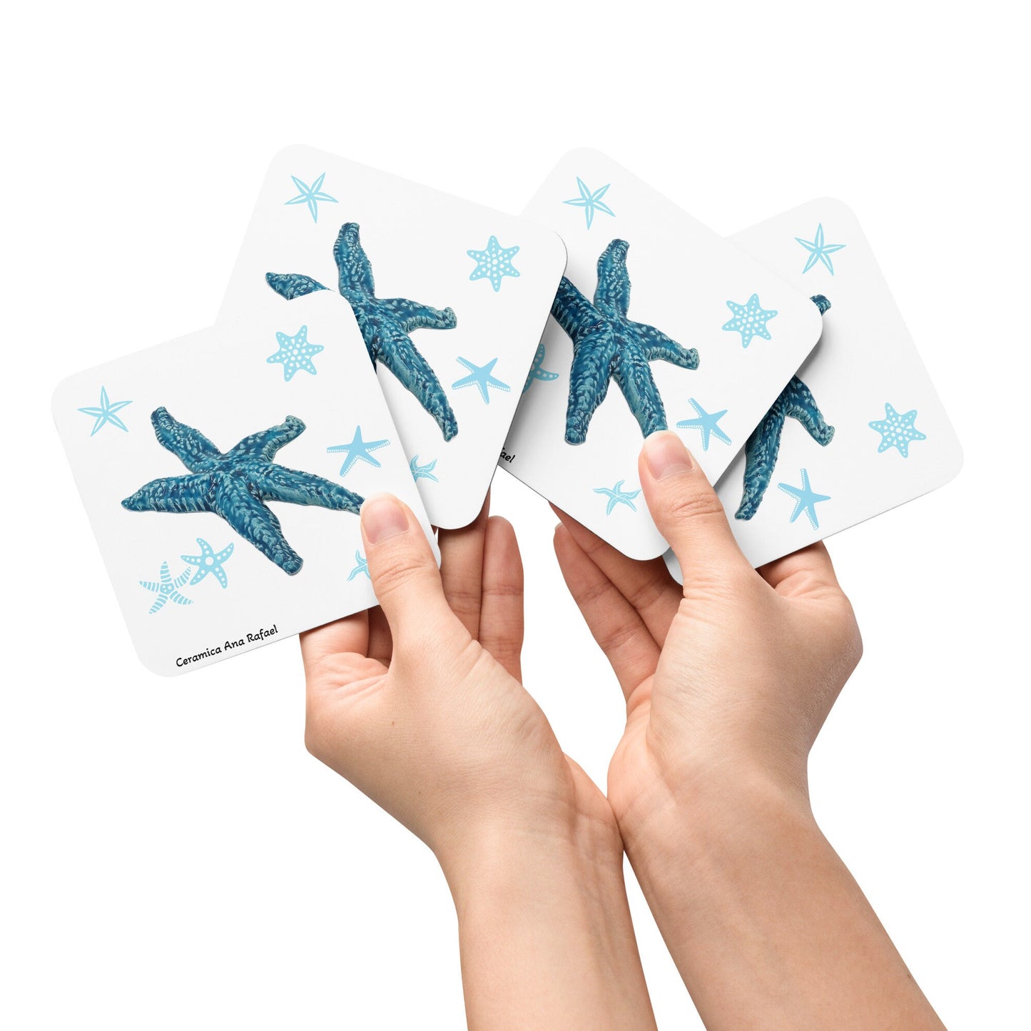 1Pc Blue Starfish MDF Cork-back Coaster With Printed Handmade Ceramic Starfish, Square With Rounded Corners, Office Desk Accessories For Him