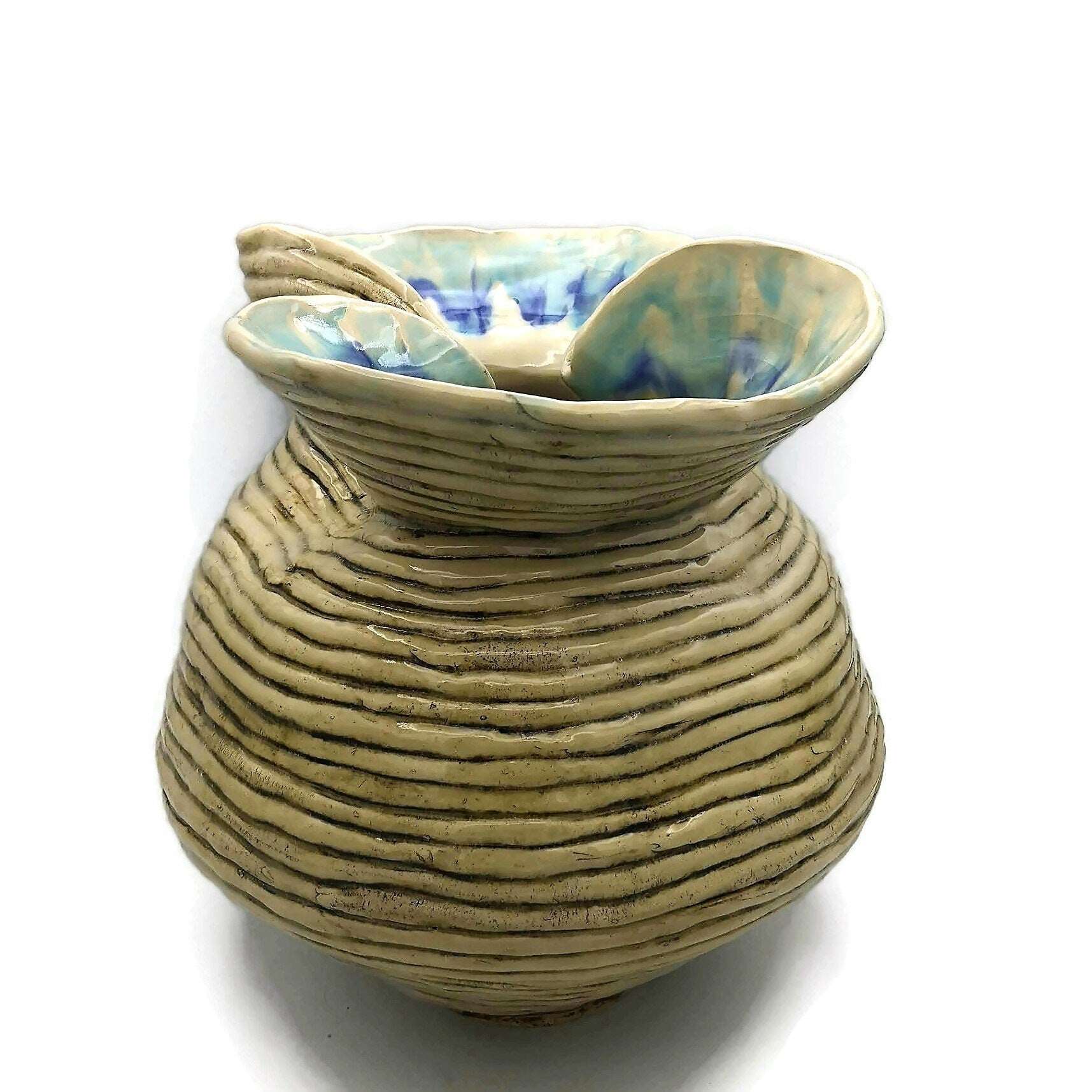 11 Inches Handmade Tall Ceramic Sculpture, Contemporary Sculptural Vase Textured For Table, Mid Century Modern Clay Pottery Large Bud Vase