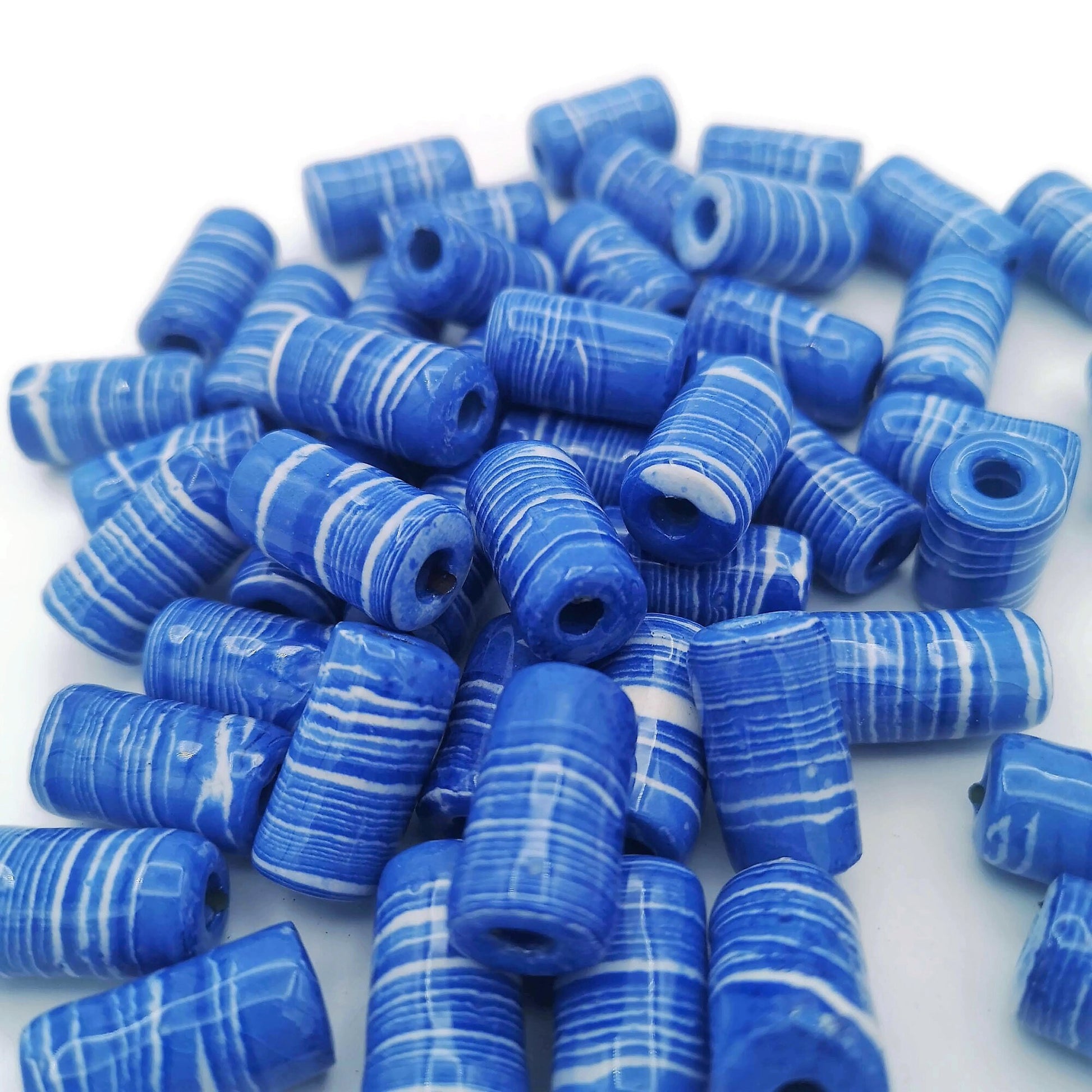 4 Pc Large Ceramic Tube Beads for Macrame Jewelry Making, Artisan Blue Beads 4mm Hole, Beard Beads for Hair Braid - Ceramica Ana Rafael