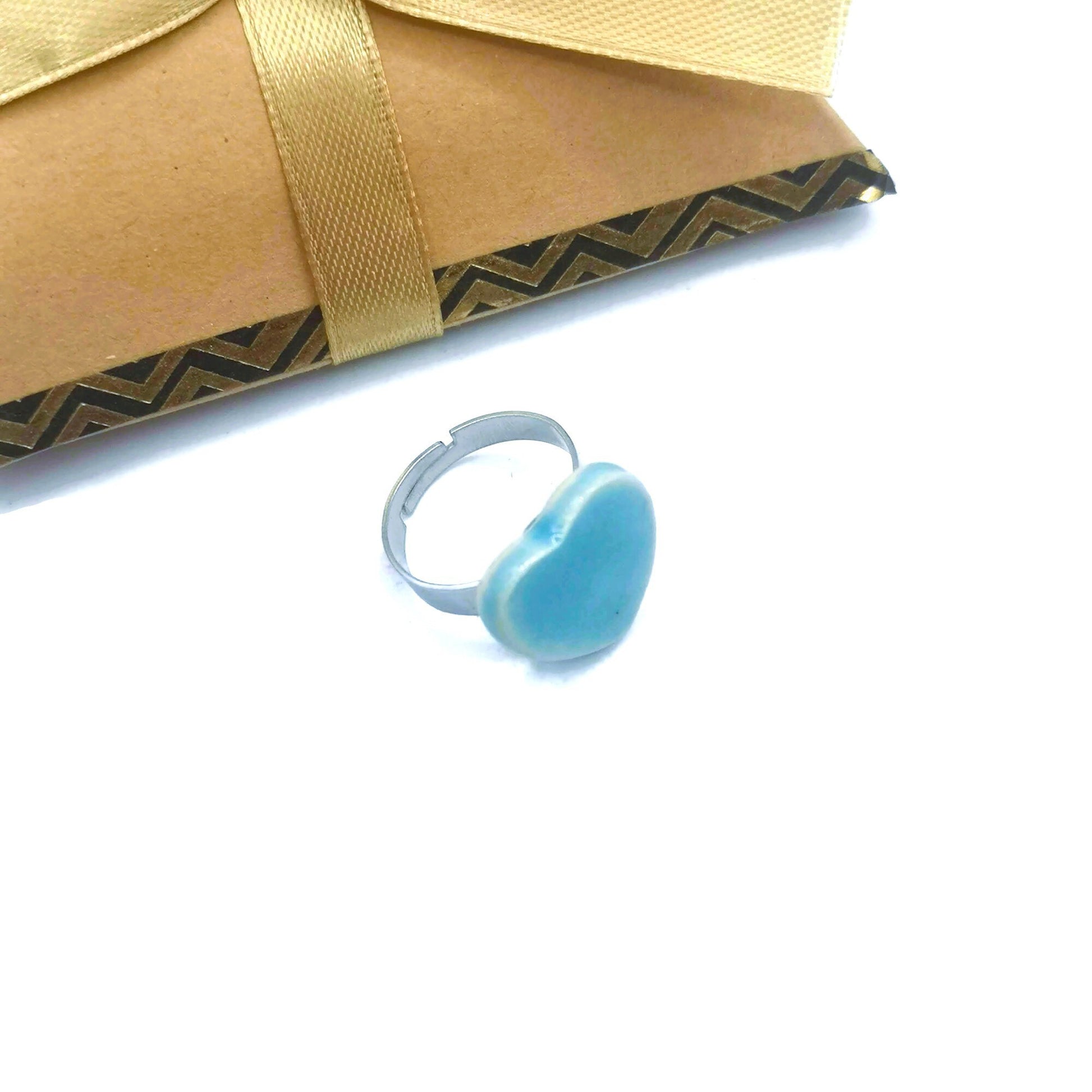 Handmade Ceramic Turquoise Blue Heart Statement Ring For Women, Stainless Steel Adjustable Ring, Porcelain 9th Anniversary Gifts For Her - Ceramica Ana Rafael