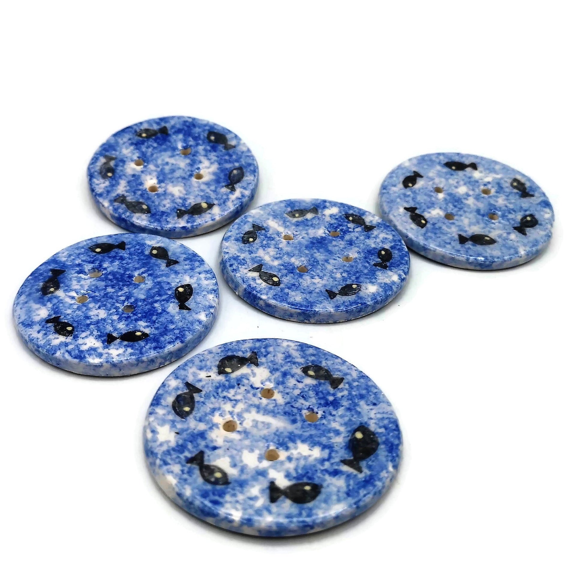 5Pc 65mm Giant Sewing Buttons, Handmade Ceramic Coat Buttons With Hand Painted Fish, Decorative Novelty Buttons for Crafts Extra Large - Ceramica Ana Rafael