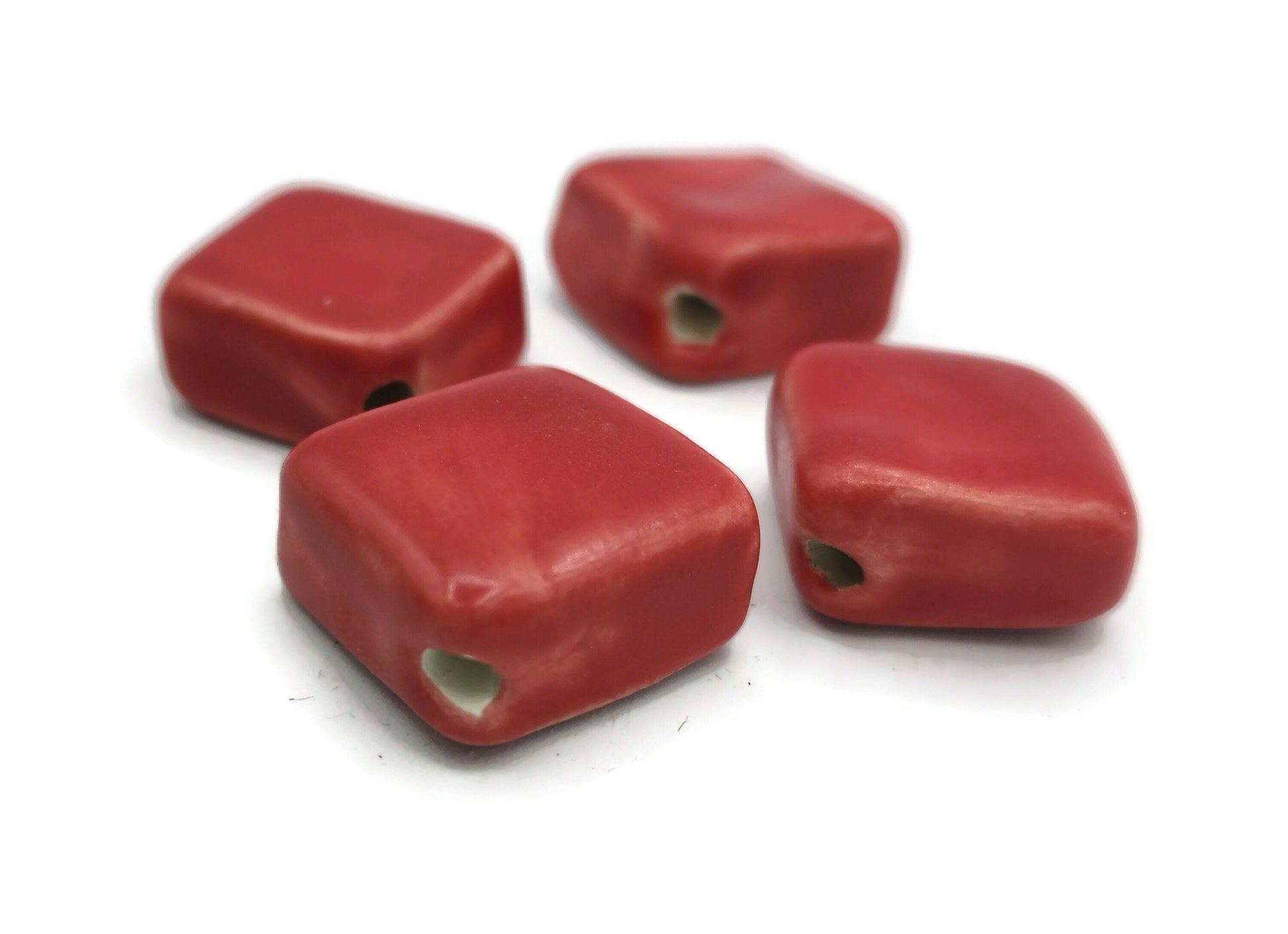 4Pc 20mm Large Square Handmade Ceramic Beads For Jewelry Making, Clay Decorative Unique Beads, Matte Red Macrame Beads Large Hole 2mm - Ceramica Ana Rafael