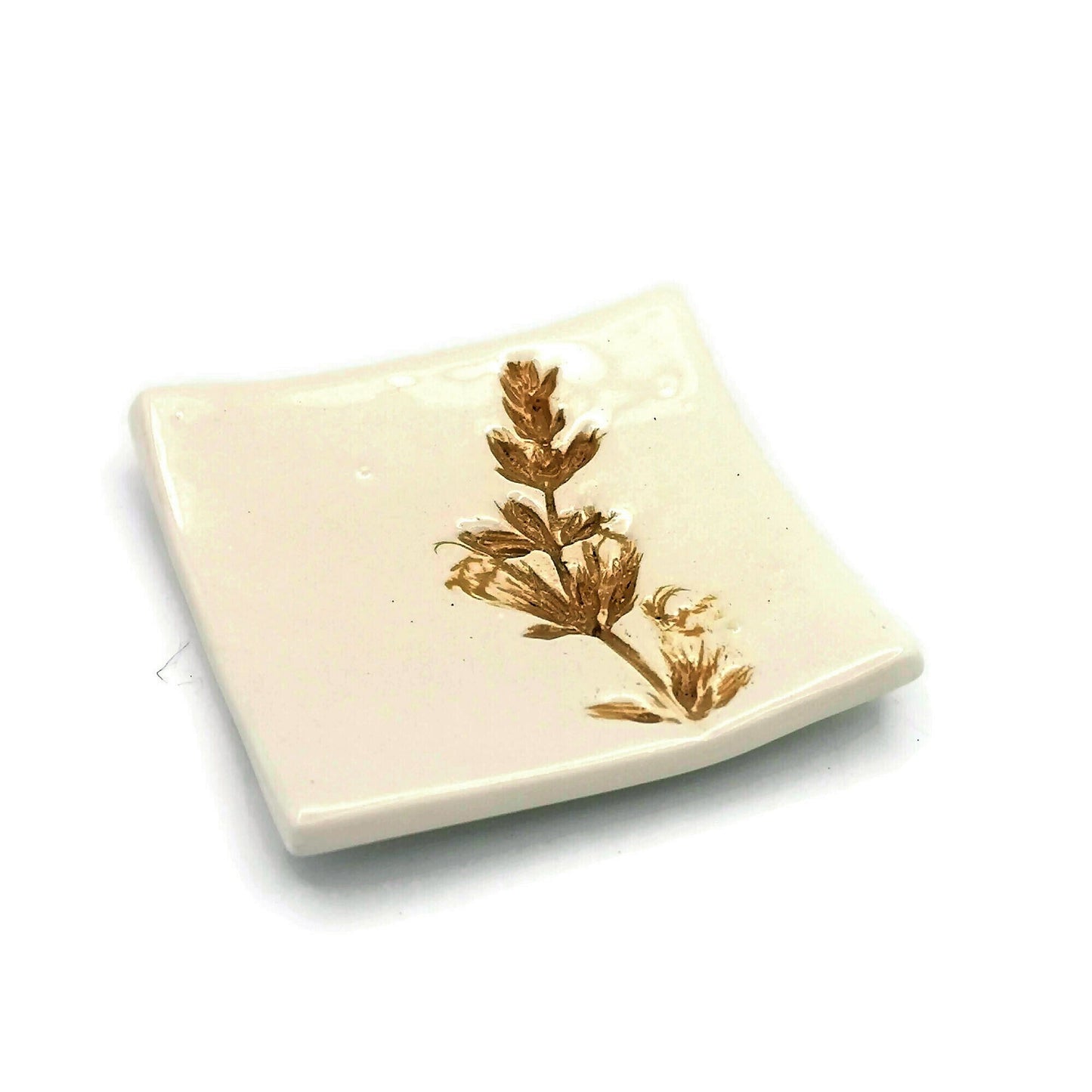 1Pc Clay Ring Dish, Plant Lovers Birthday Gifts, square ceramic trinket dish, 9th-anniversary gift, Sage Flower or Rosemary Leaves Design - Ceramica Ana Rafael