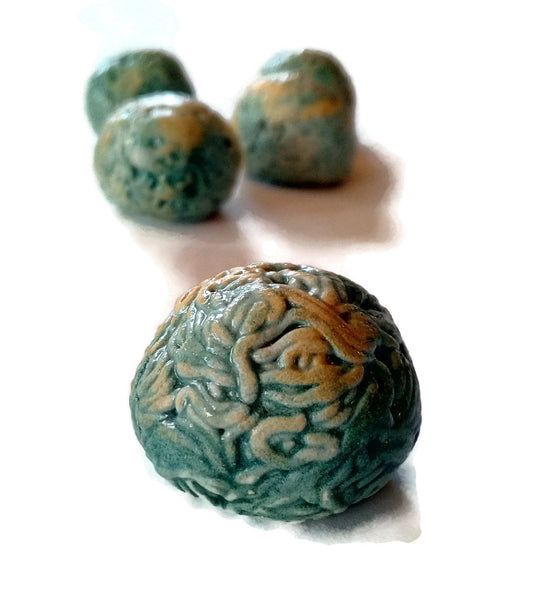 5Pc Green Assorted Round Cabochon Strange And Unusual, Handmade Ceramic Beads No Hole For Jewelry Making, Porcelain - Ceramica Ana Rafael