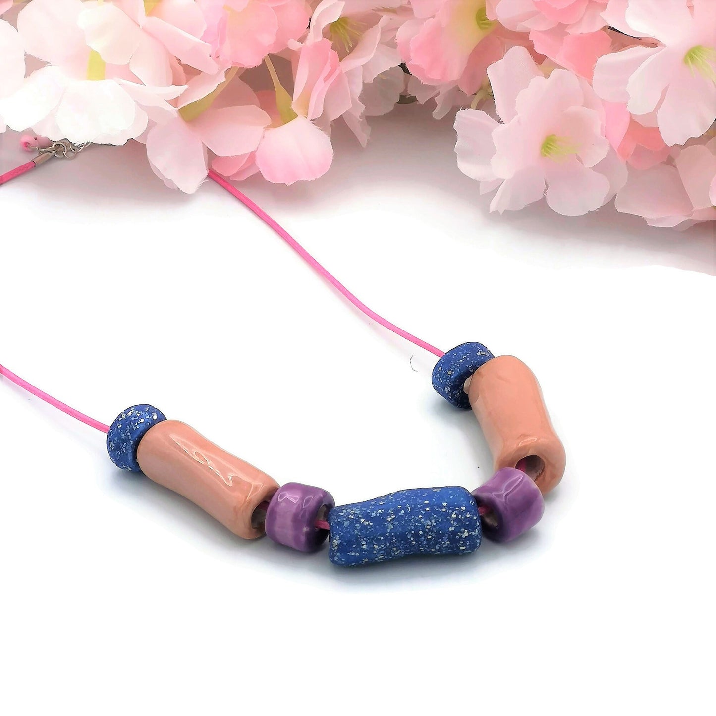 Pink and Blue Everyday Necklace, Boho Statement Necklace, Trendy Beaded Necklace Best Gifts For Her, Colorful Aesthetic Mothers Day Gift - Ceramica Ana Rafael