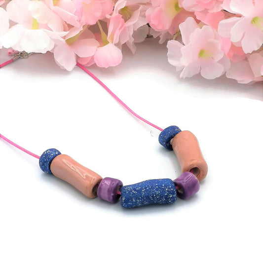 Pink and Blue Everyday Necklace, Boho Statement Necklace, Trendy Beaded Necklace Best Gifts For Her, Colorful Aesthetic Mothers Day Gift - Ceramica Ana Rafael