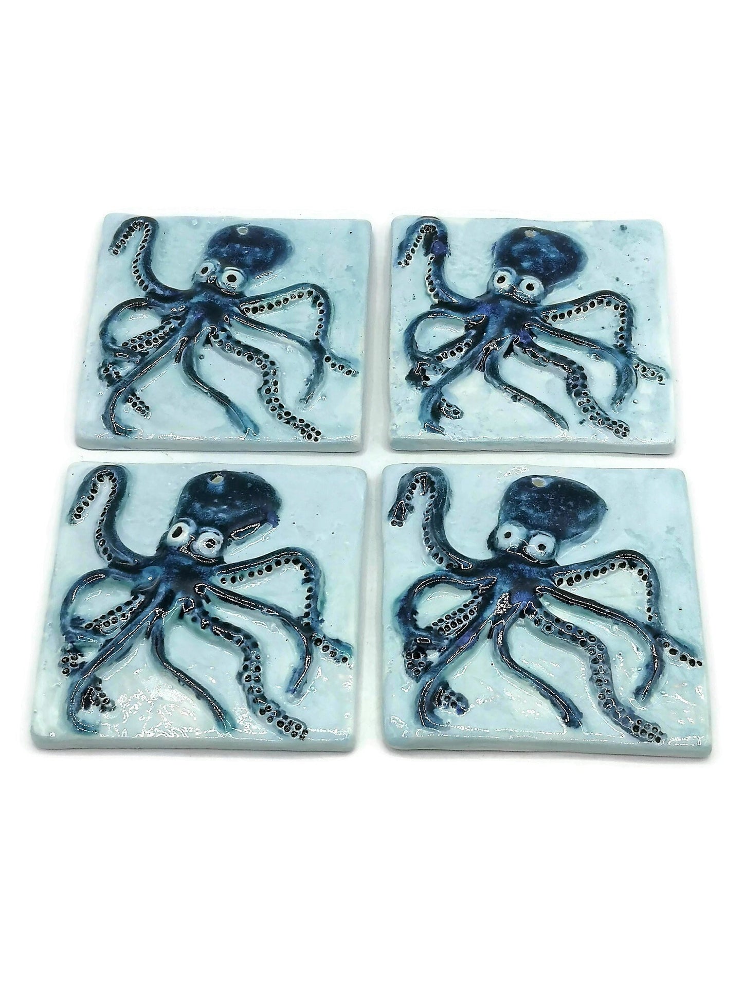 Handmade Ceramic Octopus Tile With Hole To Hang, Blue Octopus Wall Decor, Beach Lover Gift for Women - Ceramica Ana Rafael