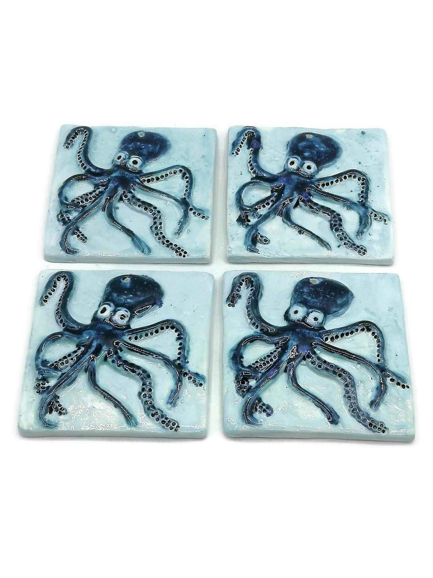 Handmade Ceramic Octopus Tile With Hole To Hang, Blue Octopus Wall Decor, Beach Lover Gift for Women - Ceramica Ana Rafael