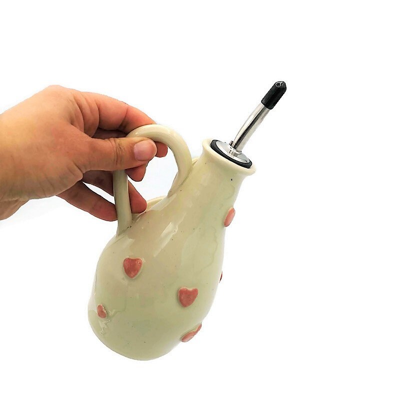 Handmade Ceramic Beige With Pink Hearts Olive Oil Dispenser, Stoneware Pottery Olive Oil Cruet, Decorative Bottles, Mothers Day Cooking Gift - Ceramica Ana Rafael