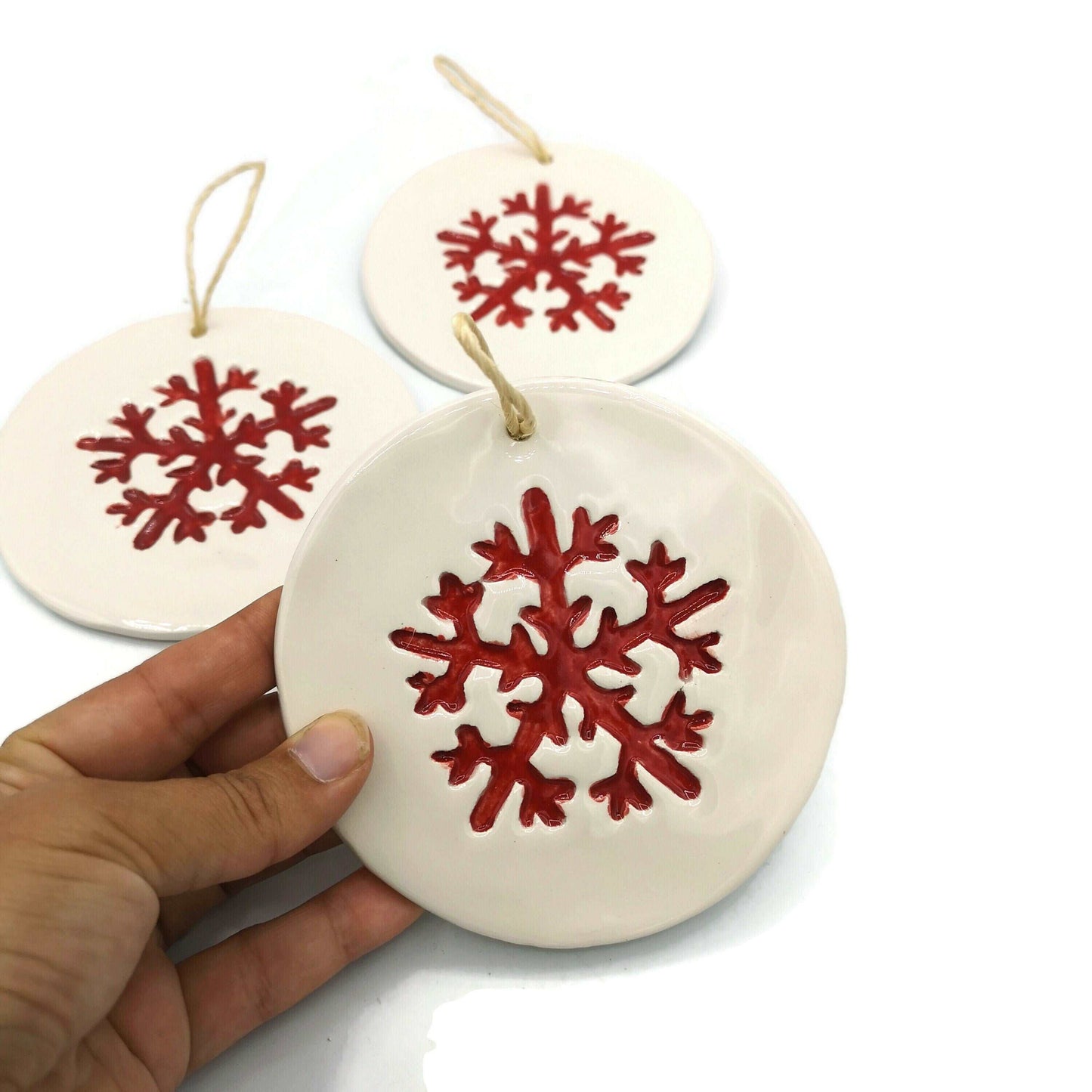 1Pc Red Snowflake Ornament, Handmade Ceramic Wall Hanging Nordic Winter Decor, Chrismas Tree Ornament