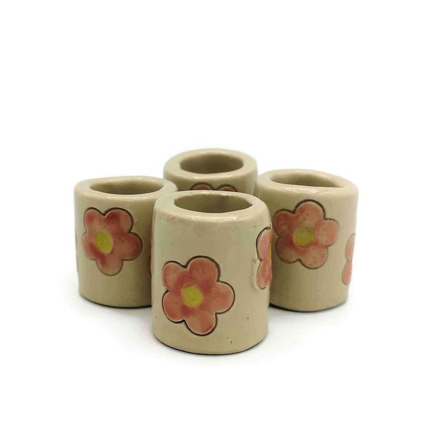 4Pc Hand Painted Flower Extra Large Tube Beads, Unique Clay Beads, 35mm Long Ceramic Beads, Decorative Macrame Beads Large Hole - Ceramica Ana Rafael
