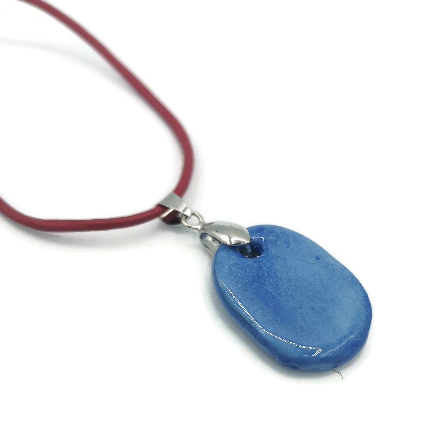 1Pc 30mm Handmade Ceramic Blue Modern Necklace Pendant For Jewelry Making, Oval Shaped Clay Charm For Eclectic Jewelry, Unique Gift For Mom - Ceramica Ana Rafael